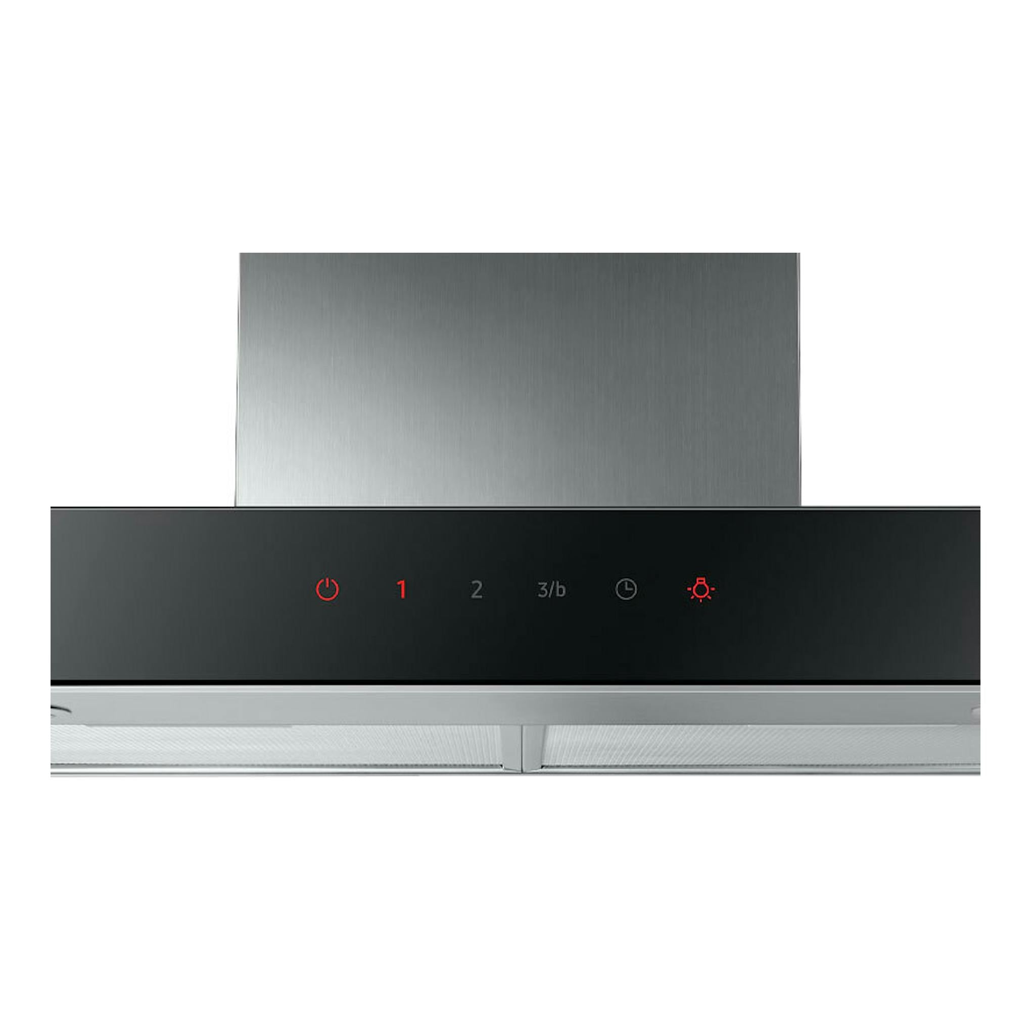 Campana decorativa Samsung NK24C5070US/UR en inox, vista frontal, panel negro y pantalla metálica.