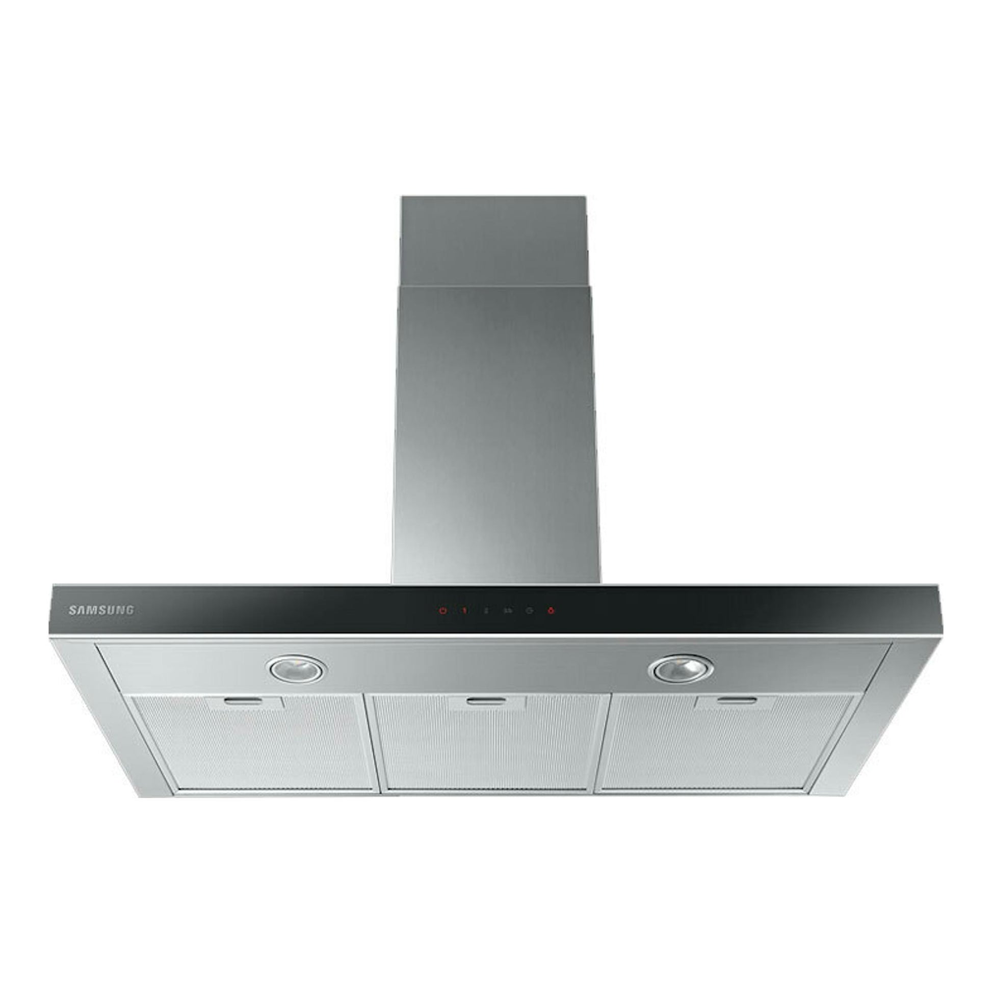 Campana decorativa Samsung NK36C5070US/UR en inox, vista frontal inferior con tres filtros metálicos.