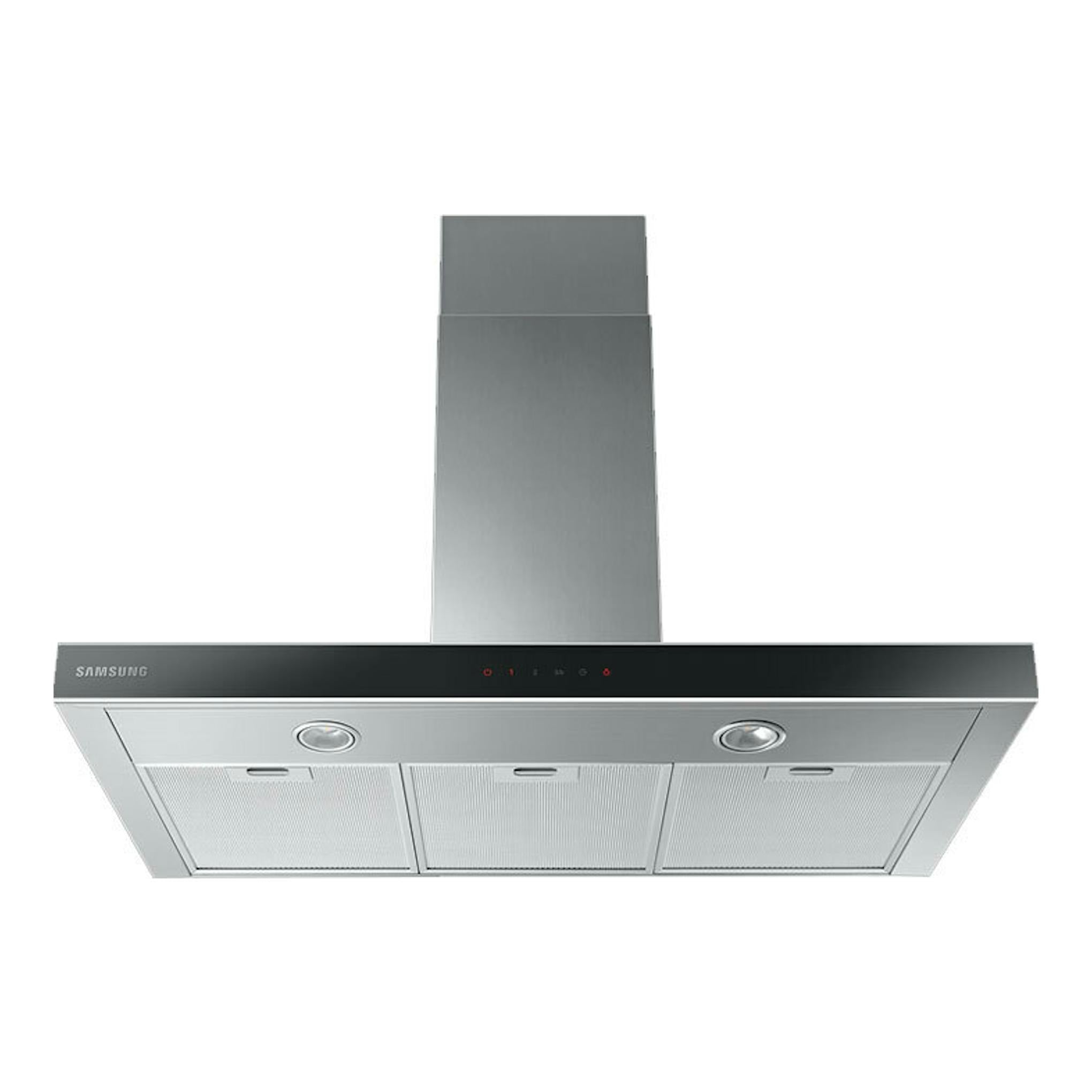 Campana decorativa Samsung NK36C5070US/UR en inox, vista frontal inferior con tres filtros metálicos.