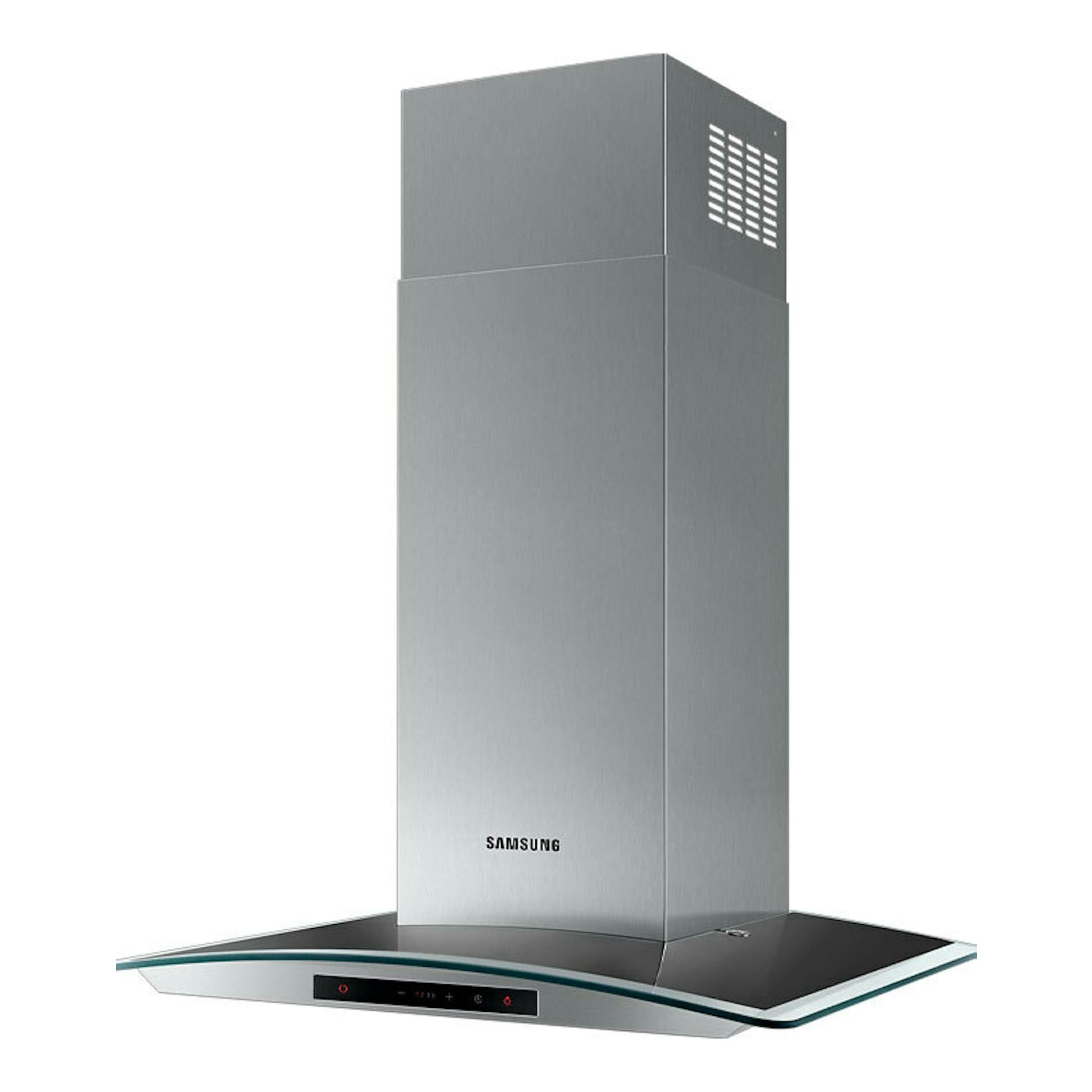 Campana decorativa Samsung NK24C5070DS/UR de inox, vista frontal, con chimenea y panel de cristal.