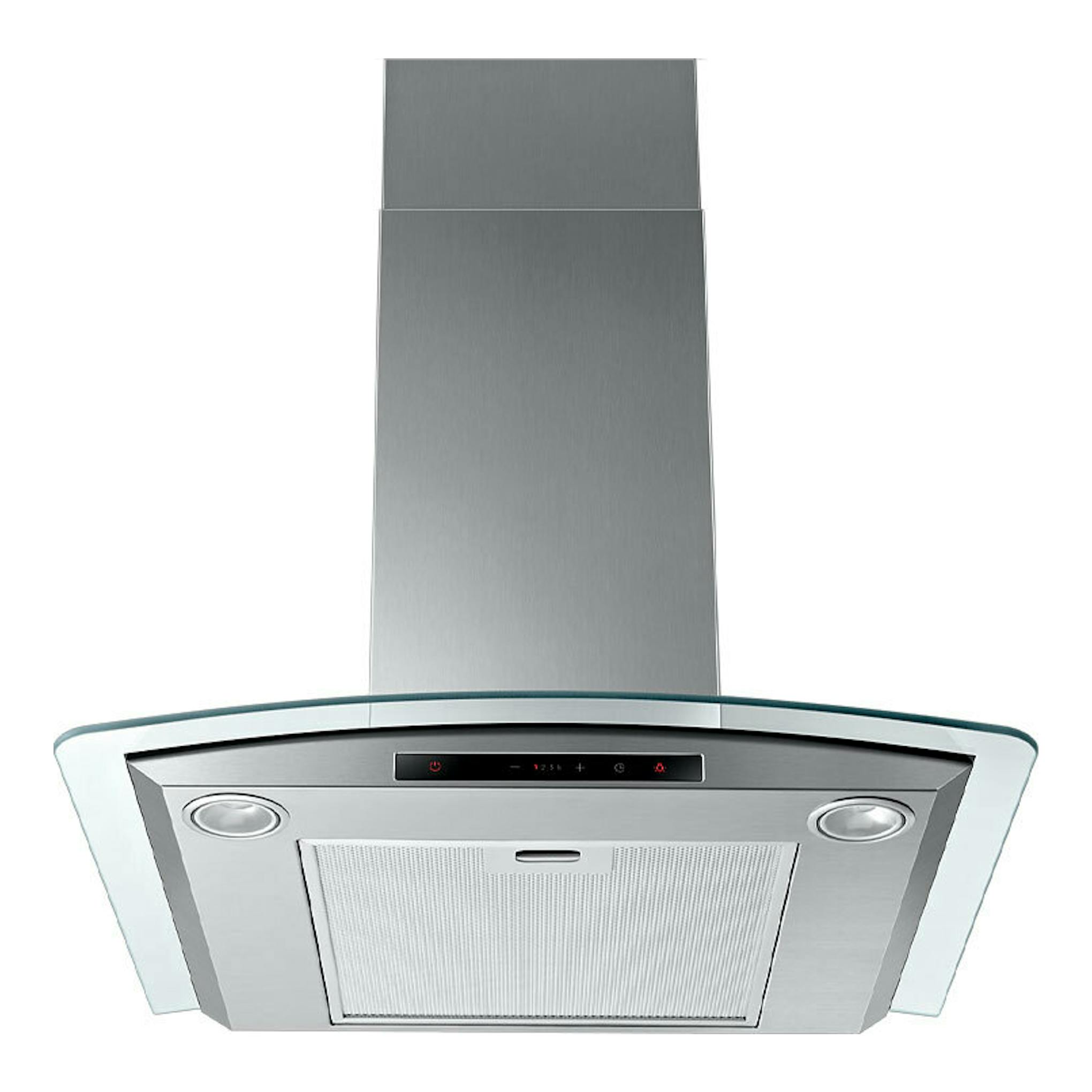 Campana decorativa Samsung NK24C5070DS/UR inox de 60 cm, vista frontal con panel de vidrio curvo.