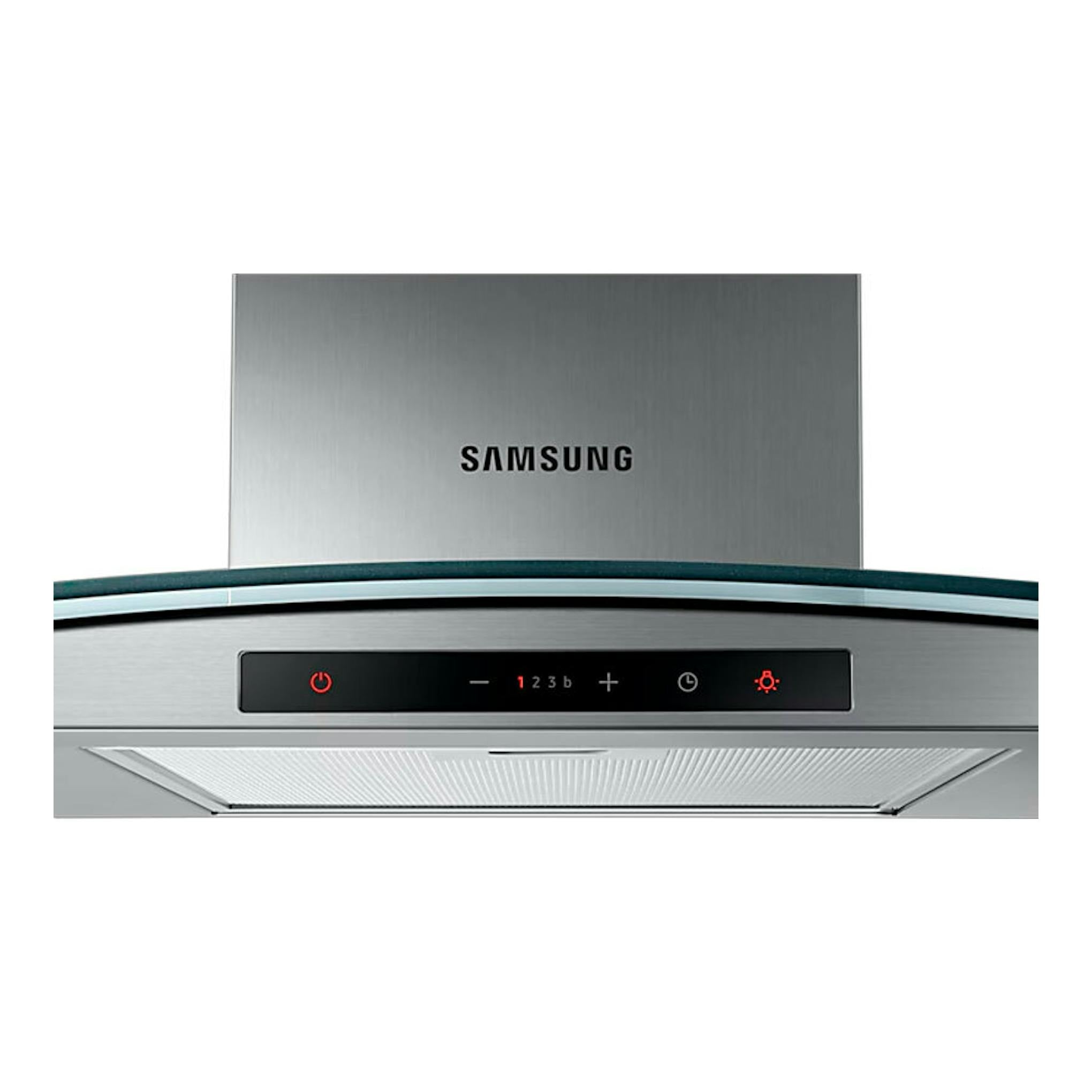 Campana decorativa Samsung NK24C5070DS/UR de acero inoxidable, vista frontal con panel táctil.