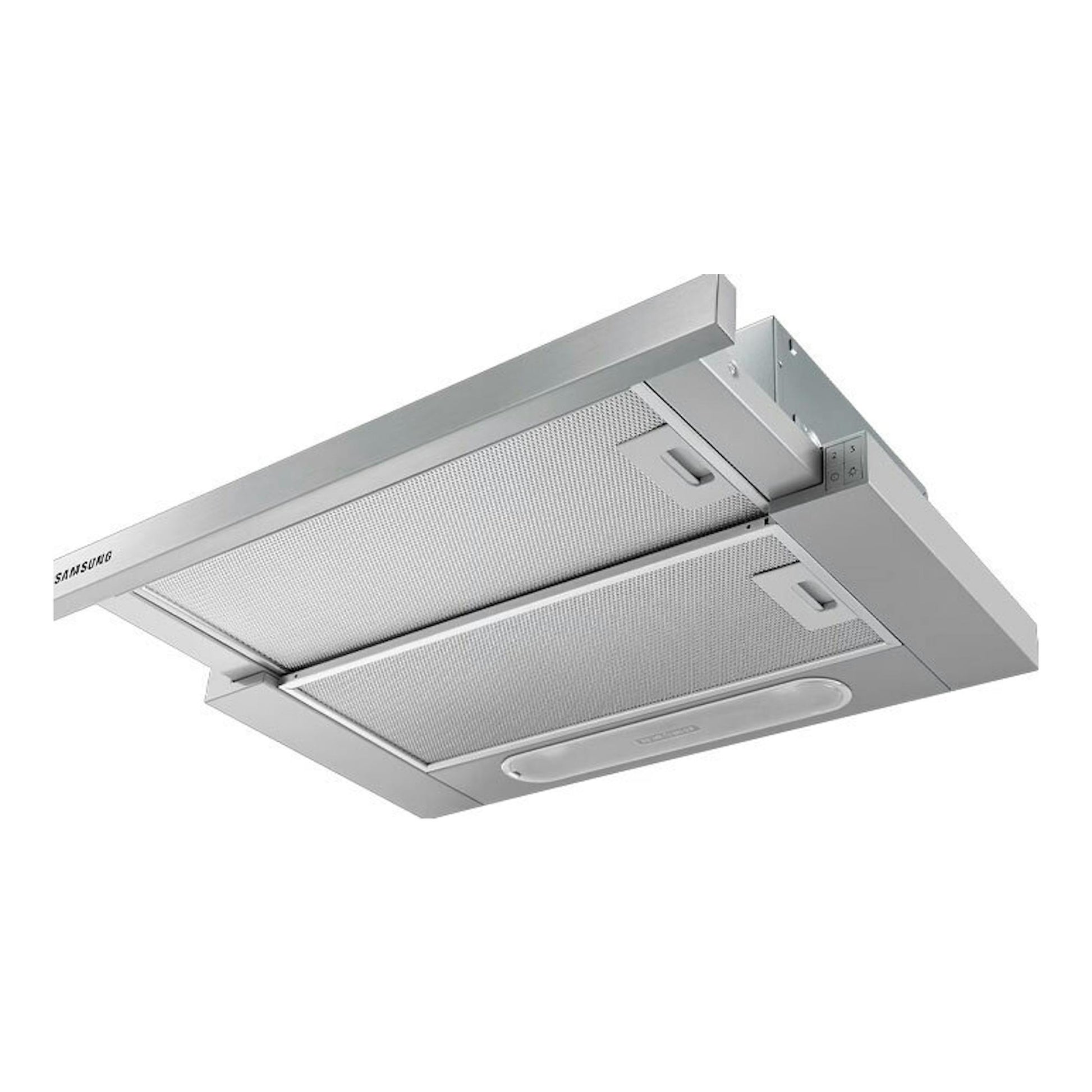 Campana telescópica Samsung NK24M1030IS/UR inox, vista inferior en ángulo sobre fondo blanco.