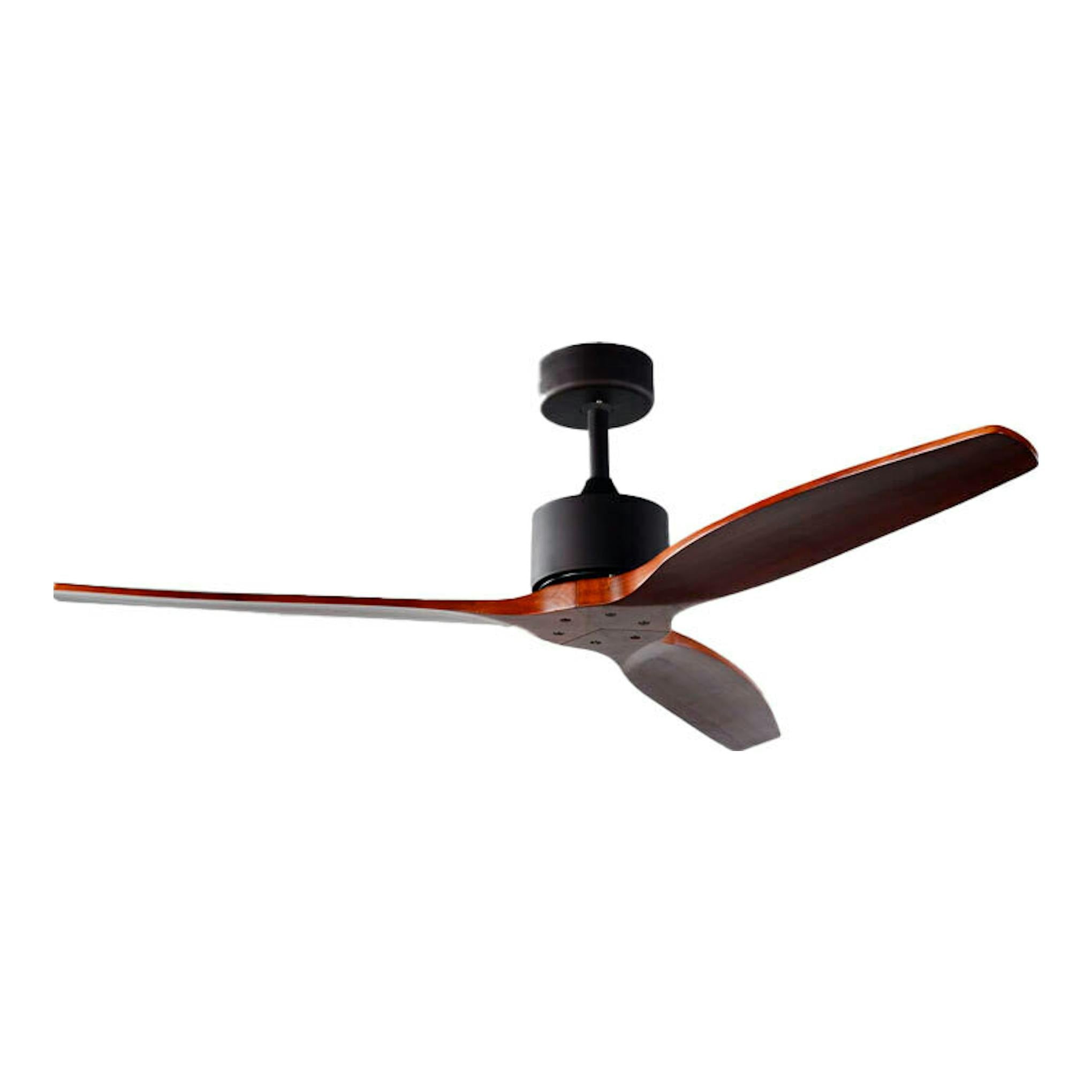 Ventilador de techo FM VT6002L negro con aspas efecto madera, visto en ángulo inferior.