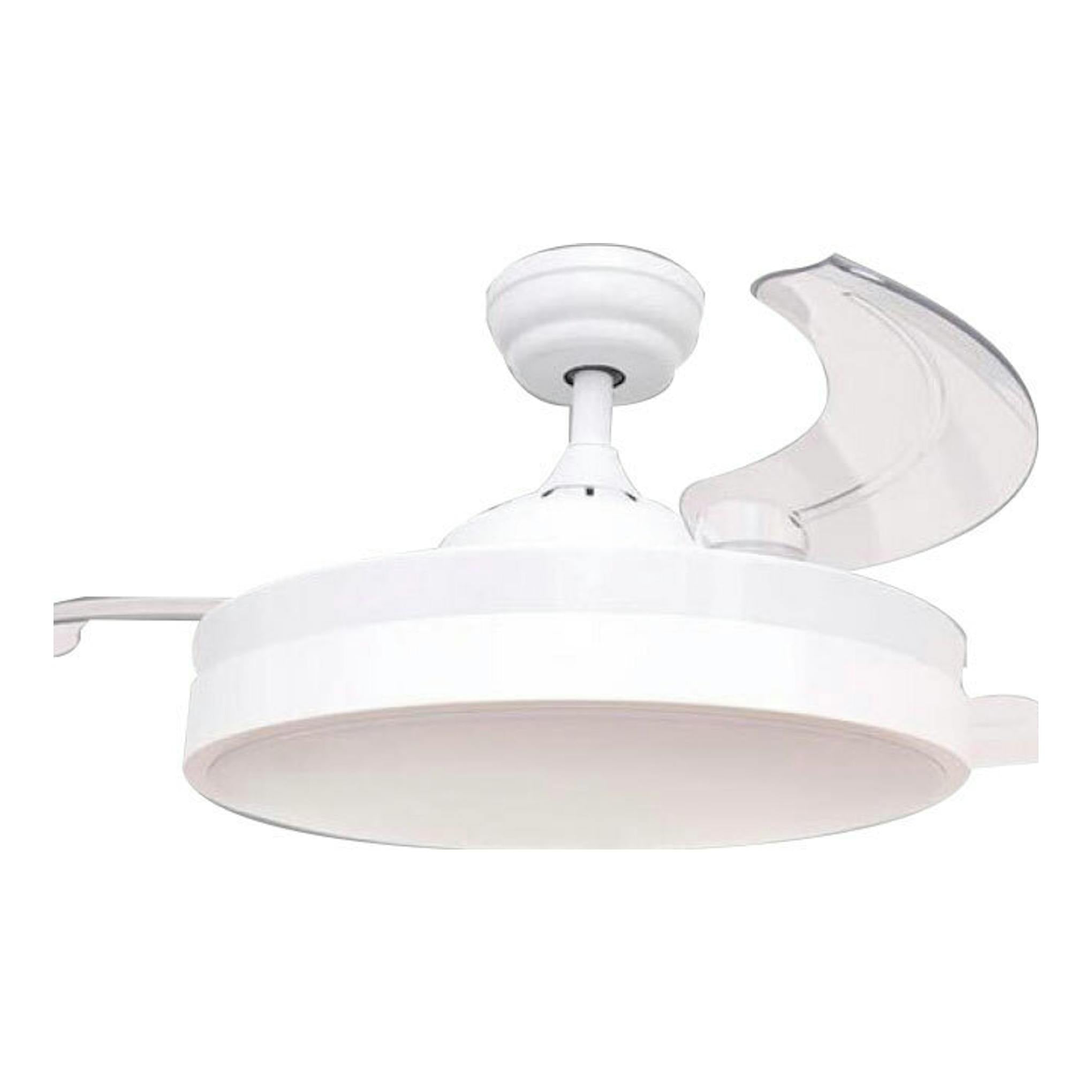 Ventilador de techo FM VTSENZA blanco, vista en perspectiva, con aspas transparentes y luz integrada.