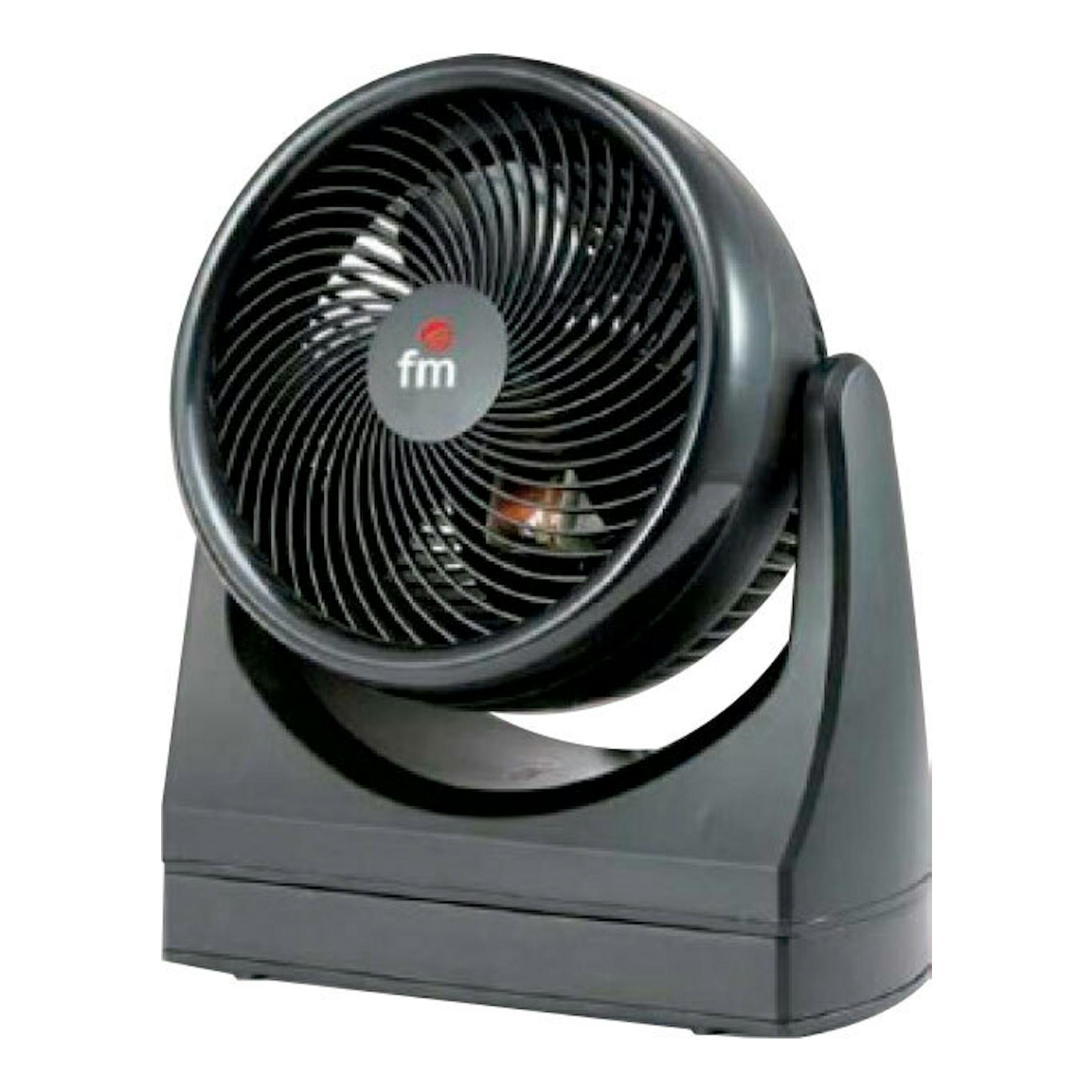 Ventilador de caja FM BF20 negro, vista frontal en tres cuartos, con rejilla circular y base inclinable.