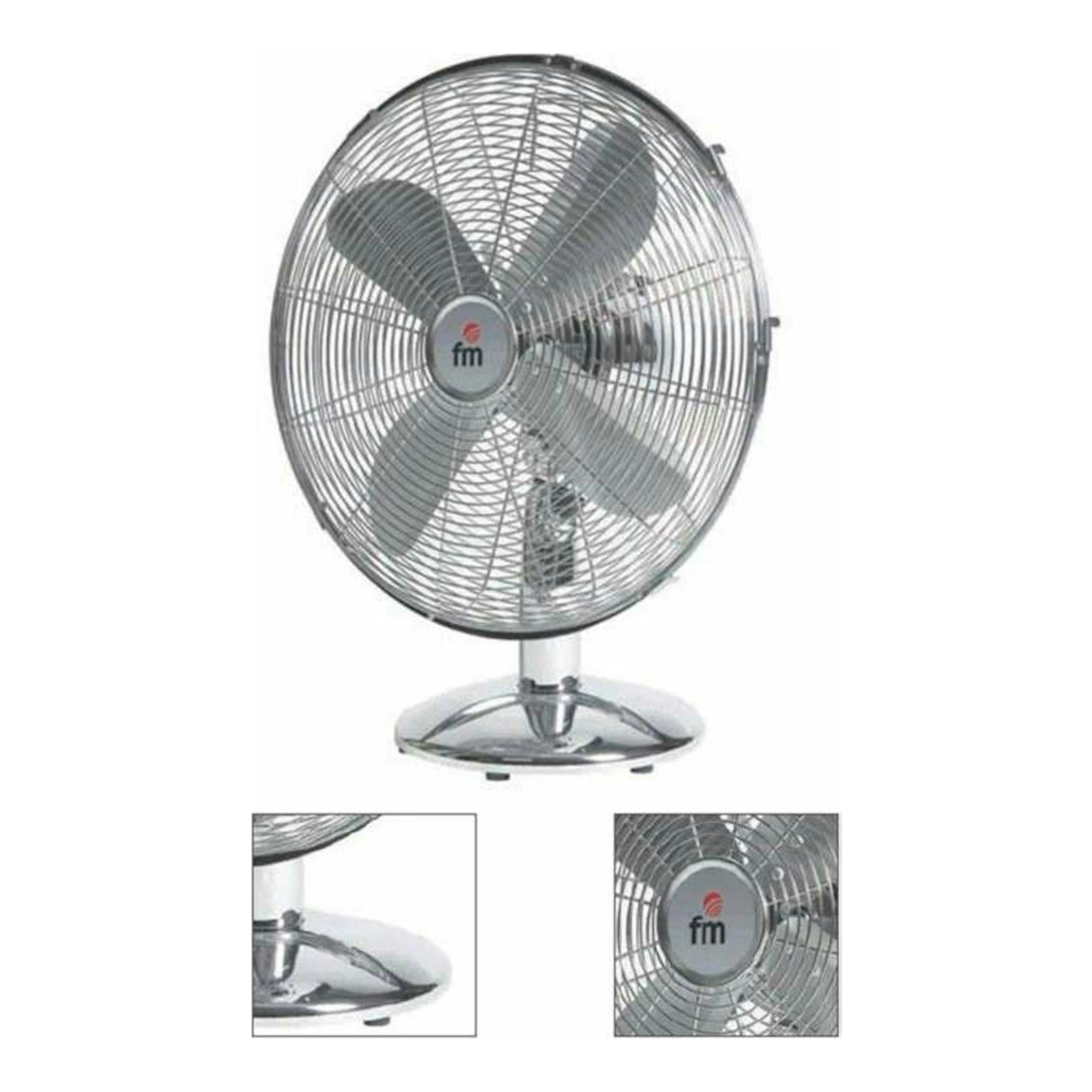 Ventilador de sobremesa FM SM140 blanco, vista frontal con rejilla metálica y base cromada.