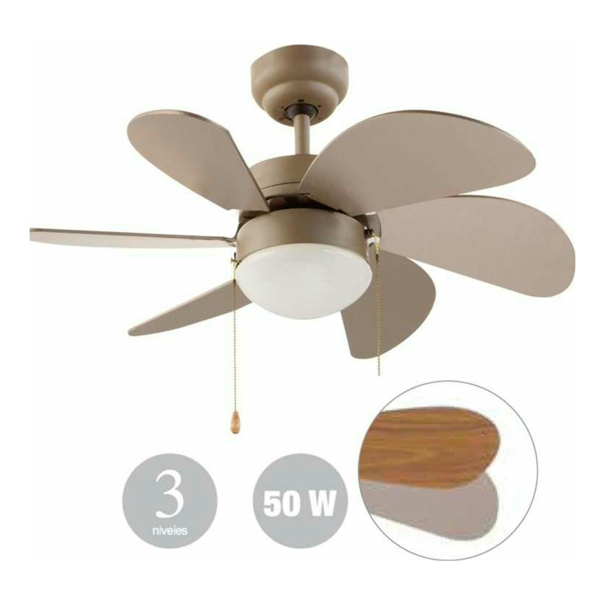 Ventilador de techo FM VT90 gris/beige, con plafón central, seis aspas y cadenas de tiro.