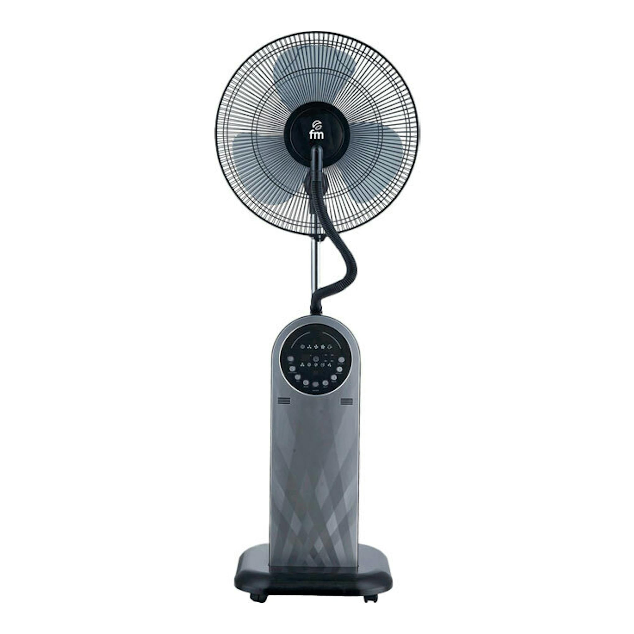 Ventilador nebulizador FM ND95 negro y gris, visto de frente, con base y panel de control.