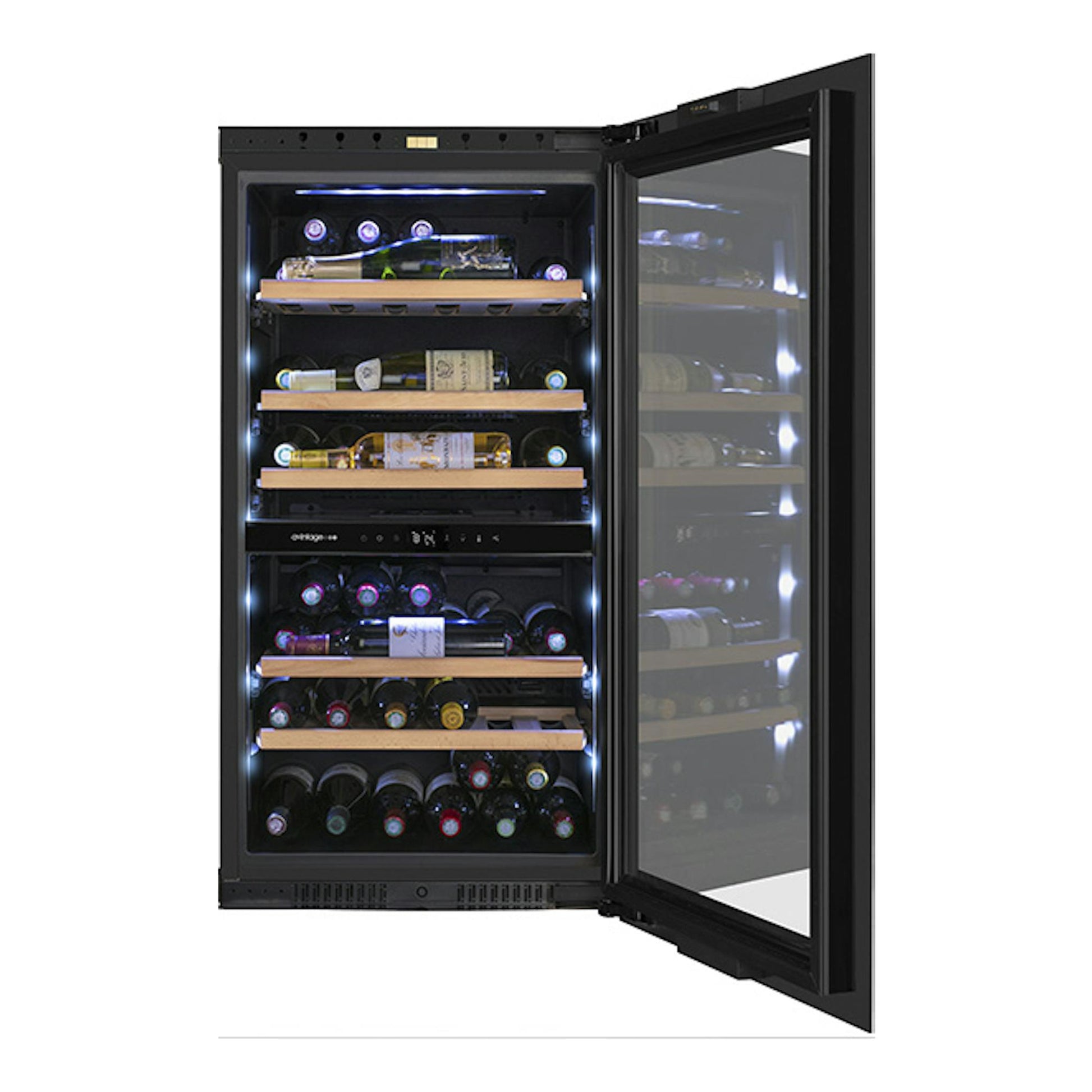Vinoteca Avintage AVI105PLATINUM negra, vista frontal con puerta de cristal abierta y botellas en estantes.