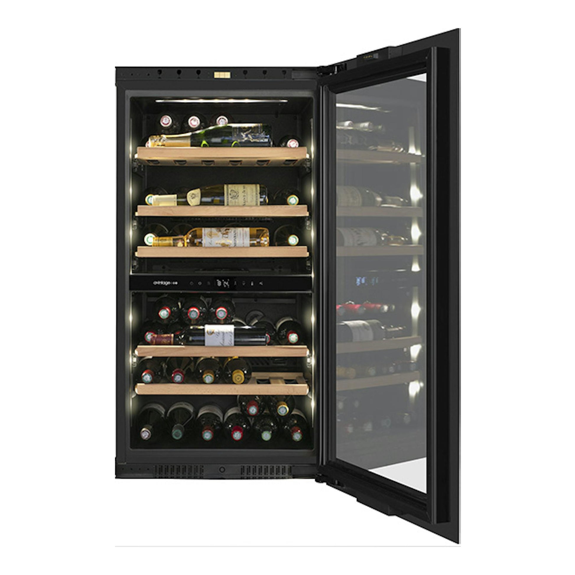 Vinoteca Avintage AVI105PLATINUM negra, vista frontal, con puerta de vidrio abierta y botellas en estantes.