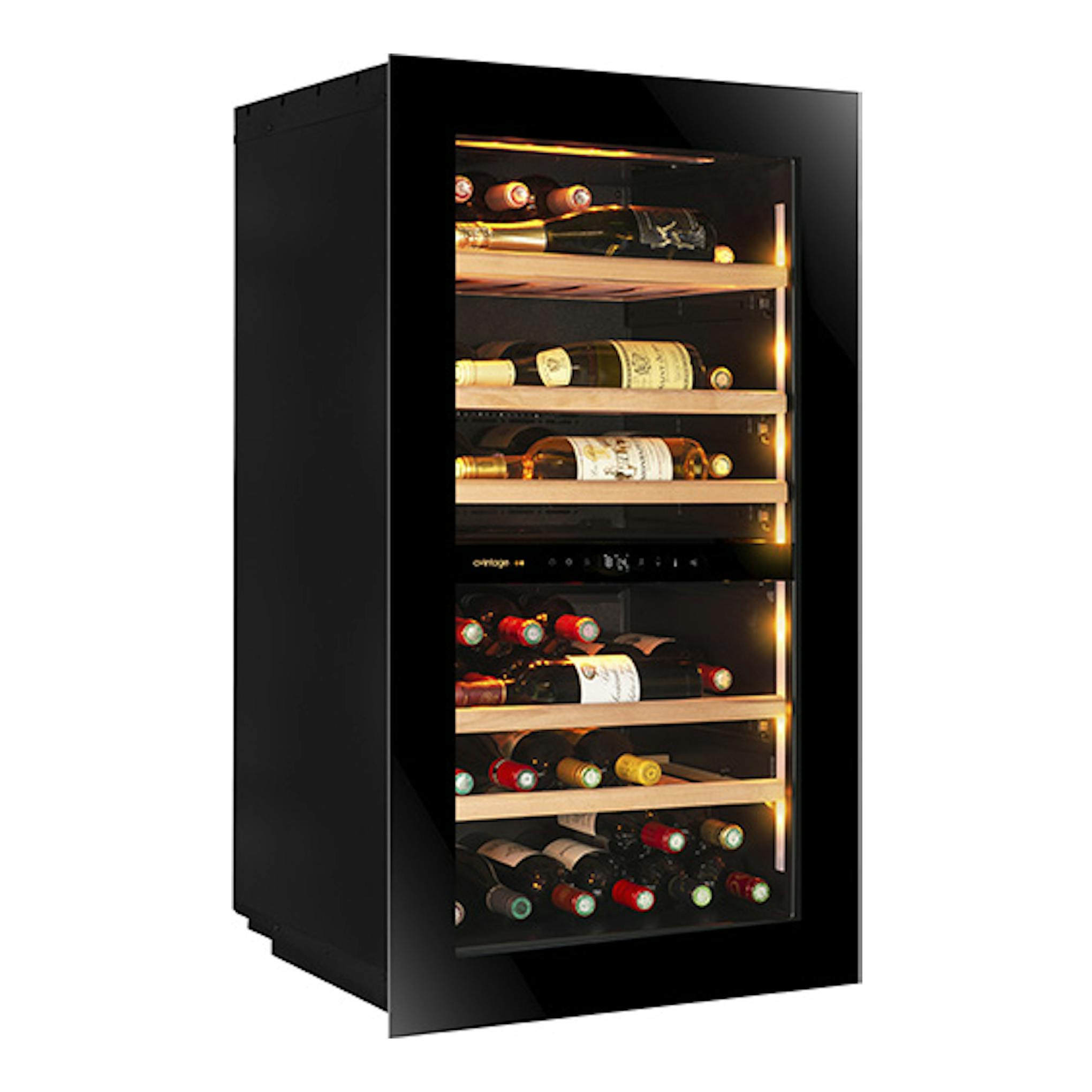 Vinoteca Avintage AVI105PLATINUM negra, vista frontal en ángulo, con botellas en estantes de madera.