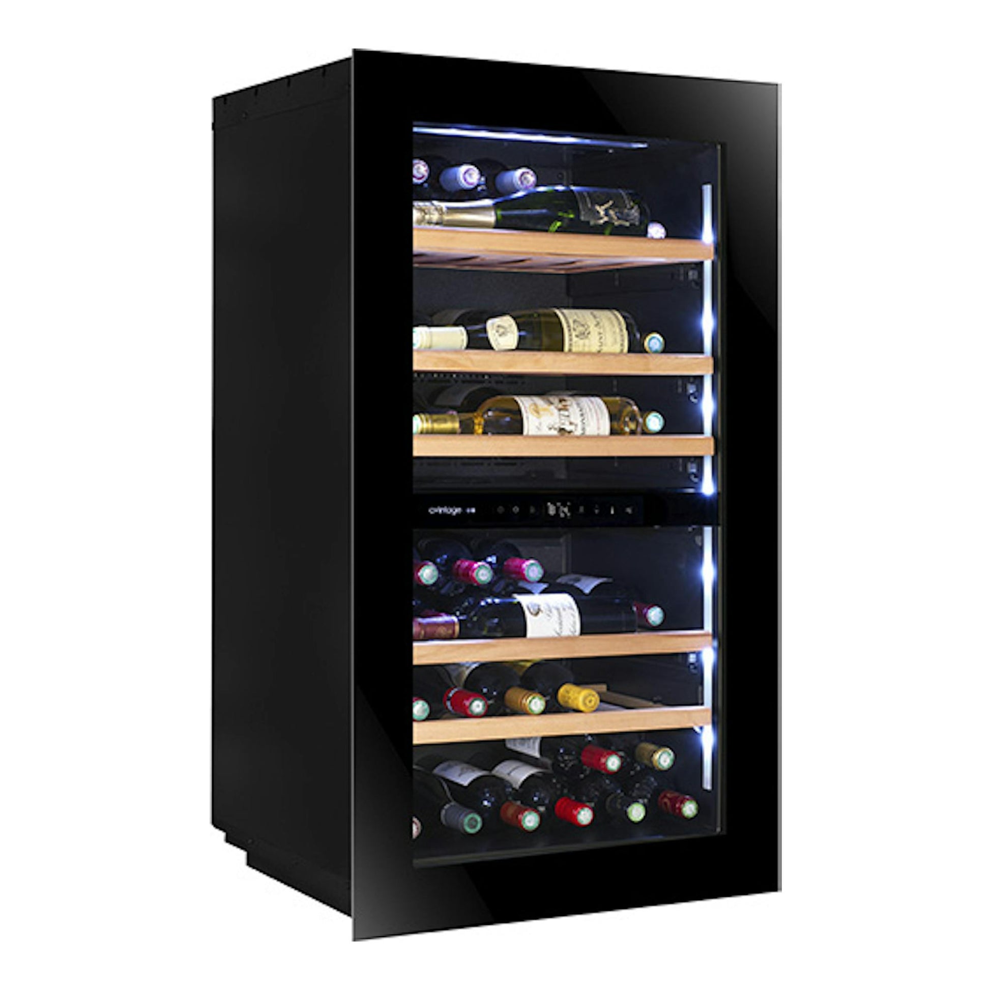 Vinoteca Avintage AVI105PLATINUM negra, vista frontal en ángulo, con puerta de vidrio y botellas en estantes.