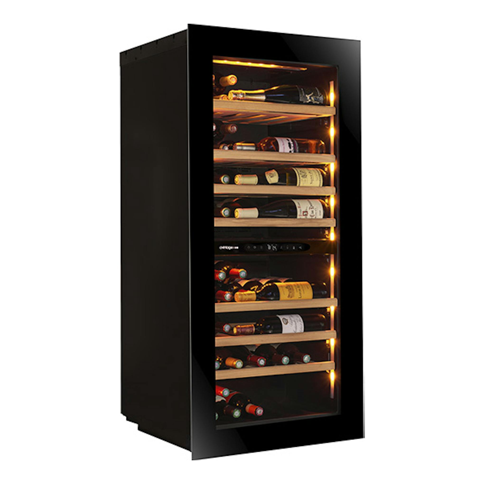 Vinoteca Avintage AVI122PLATINUM negra, vista frontal en ángulo, con estantes de madera y botellas iluminadas.