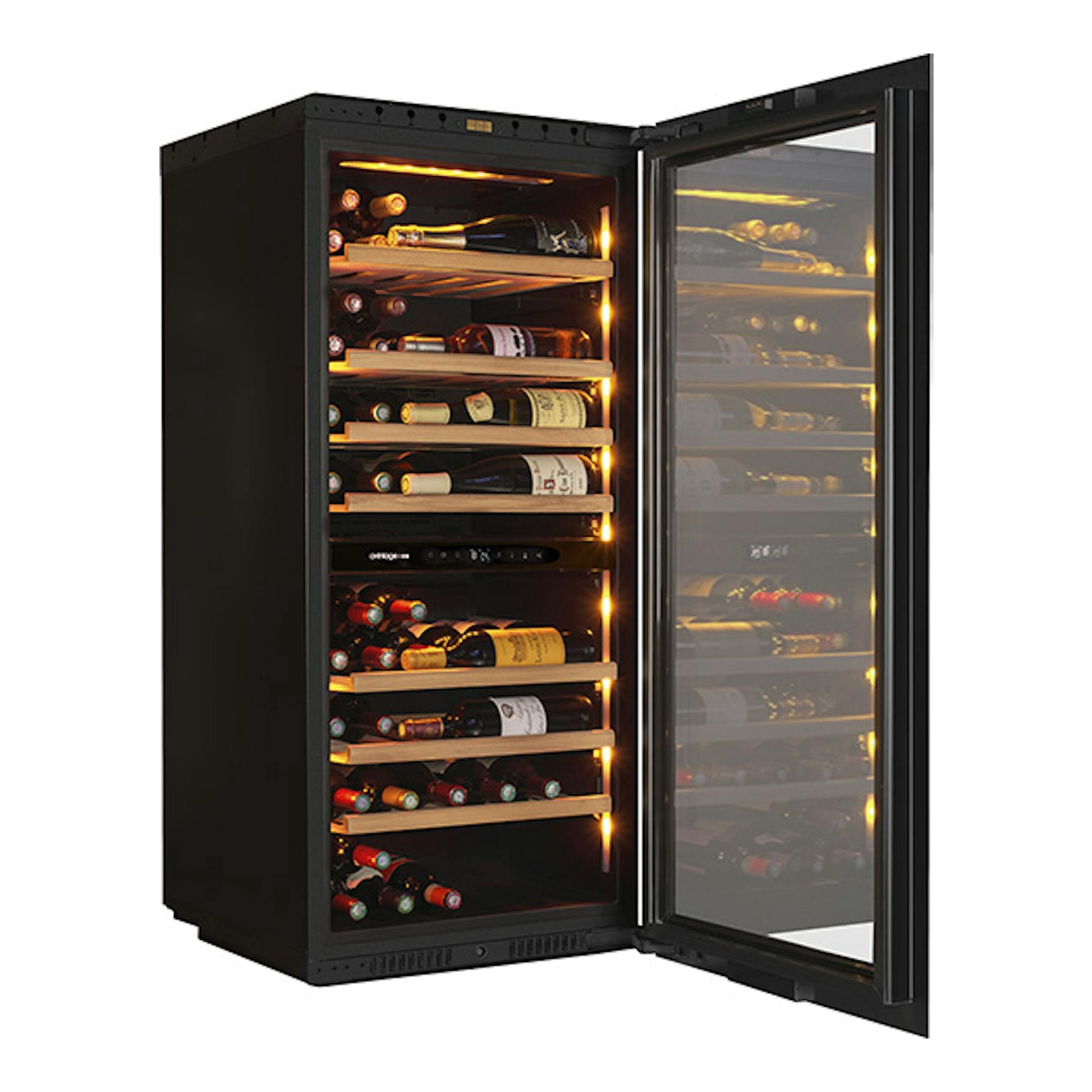 Vinoteca Avintage AVI122PLATINUM negra, vista frontal con puerta abierta, baldas de madera e iluminación interior.