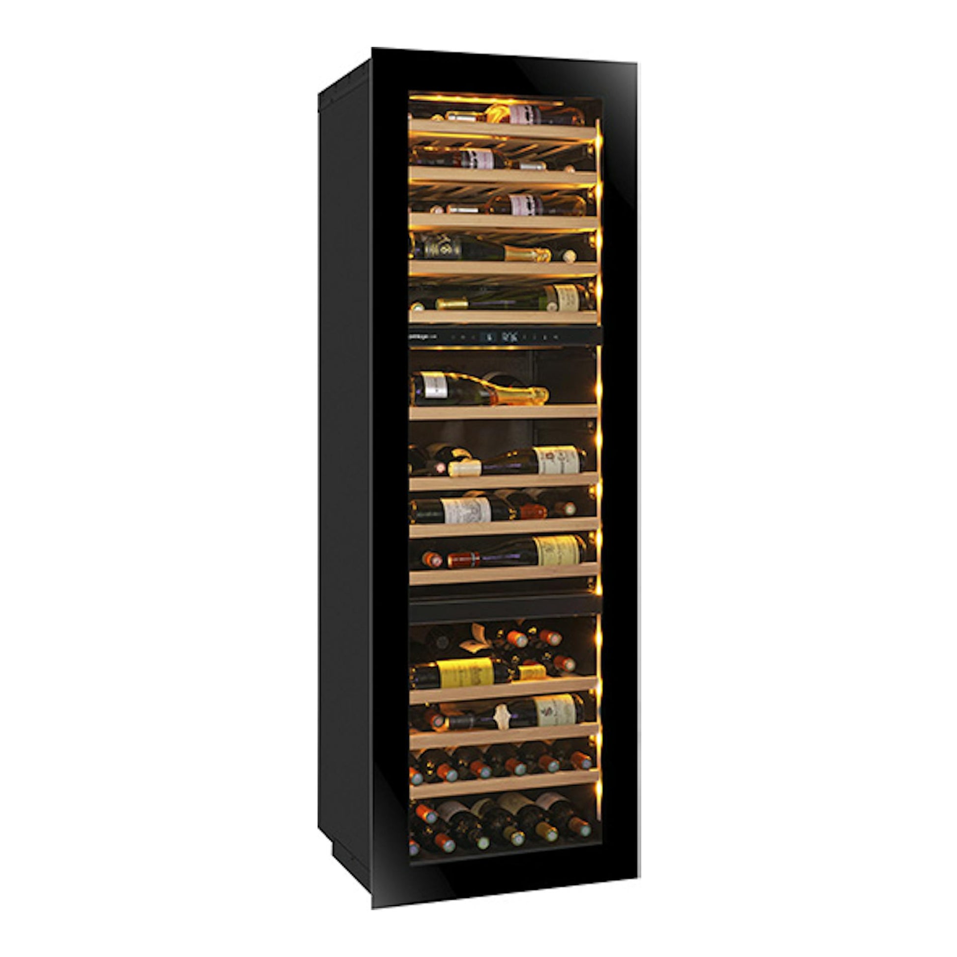 Vinoteca Avintage AVI178PLATINUM negra, vista frontal, con estantes de madera y botellas iluminadas.