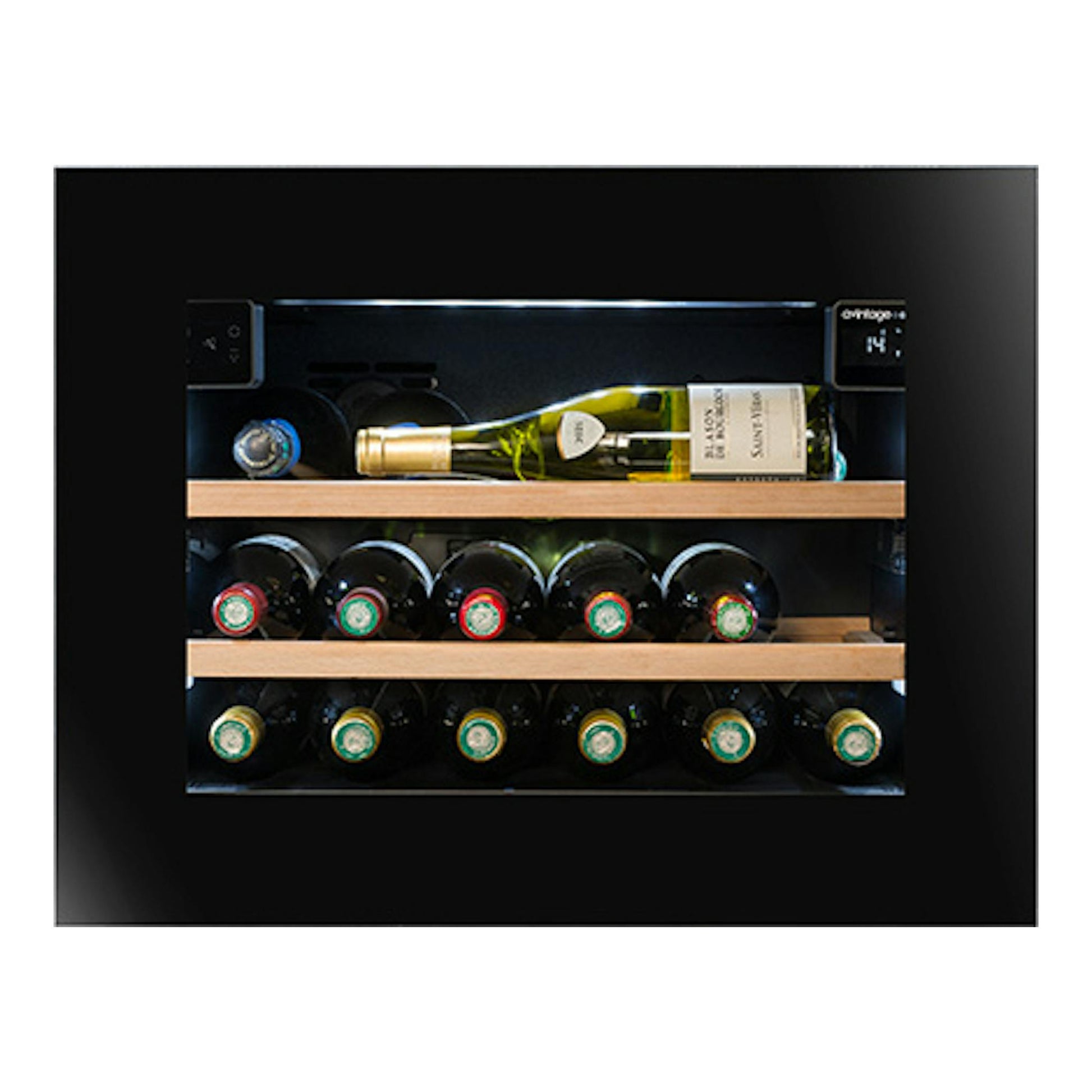 Vinoteca Avintage AVI45PLATINUM negra, vista frontal con botellas en estantes de madera.