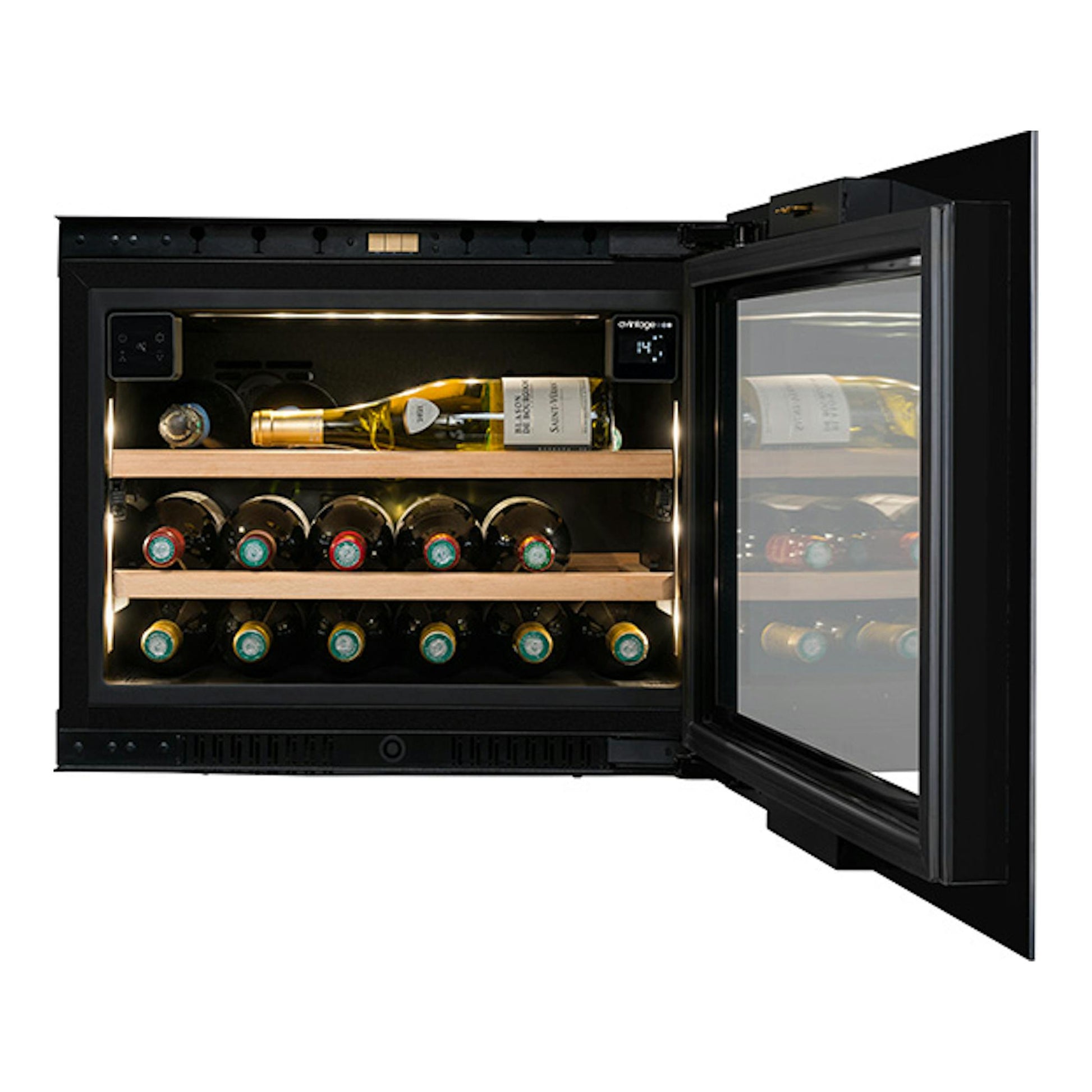 Vinoteca Avintage AVI45PLATINUM negra, integrable, vista frontal con la puerta abierta y botellas en dos estantes.