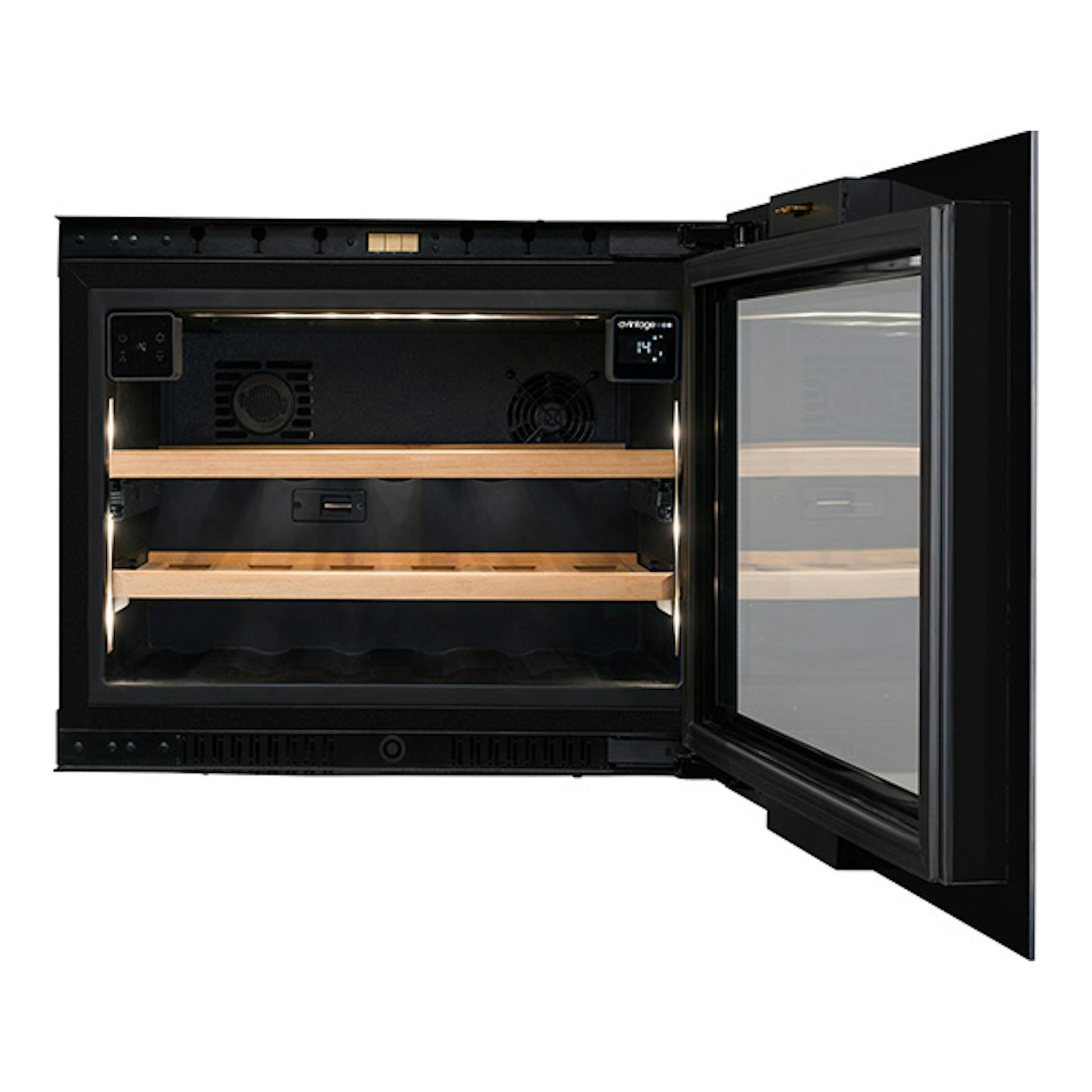 Vinoteca Avintage AVI45PLATINUM negra, vista frontal con la puerta abierta y baldas de madera.