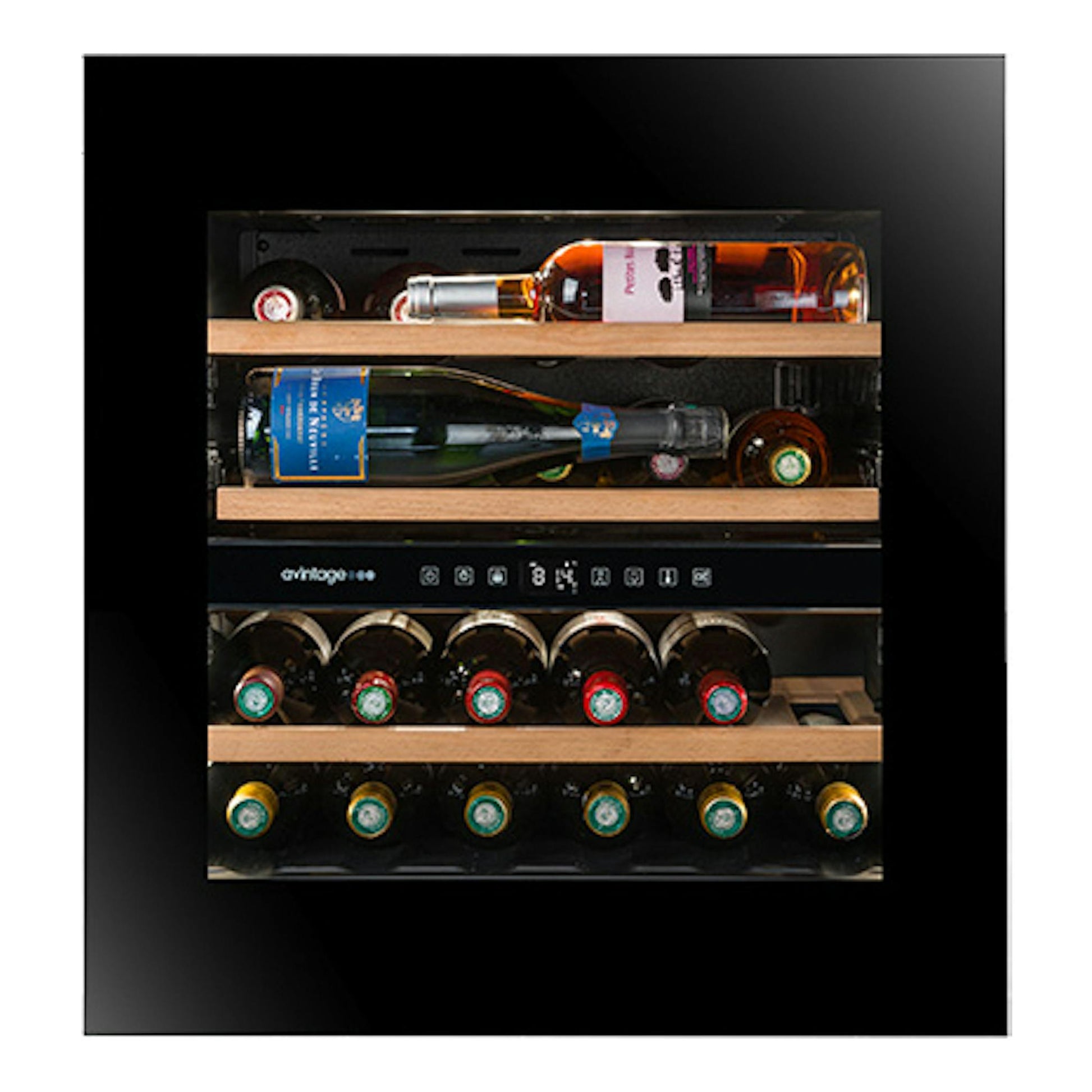 Vinoteca Avintage AVI60PLATINUM integrable, vista frontal, negra, con botellas y estantes de madera.