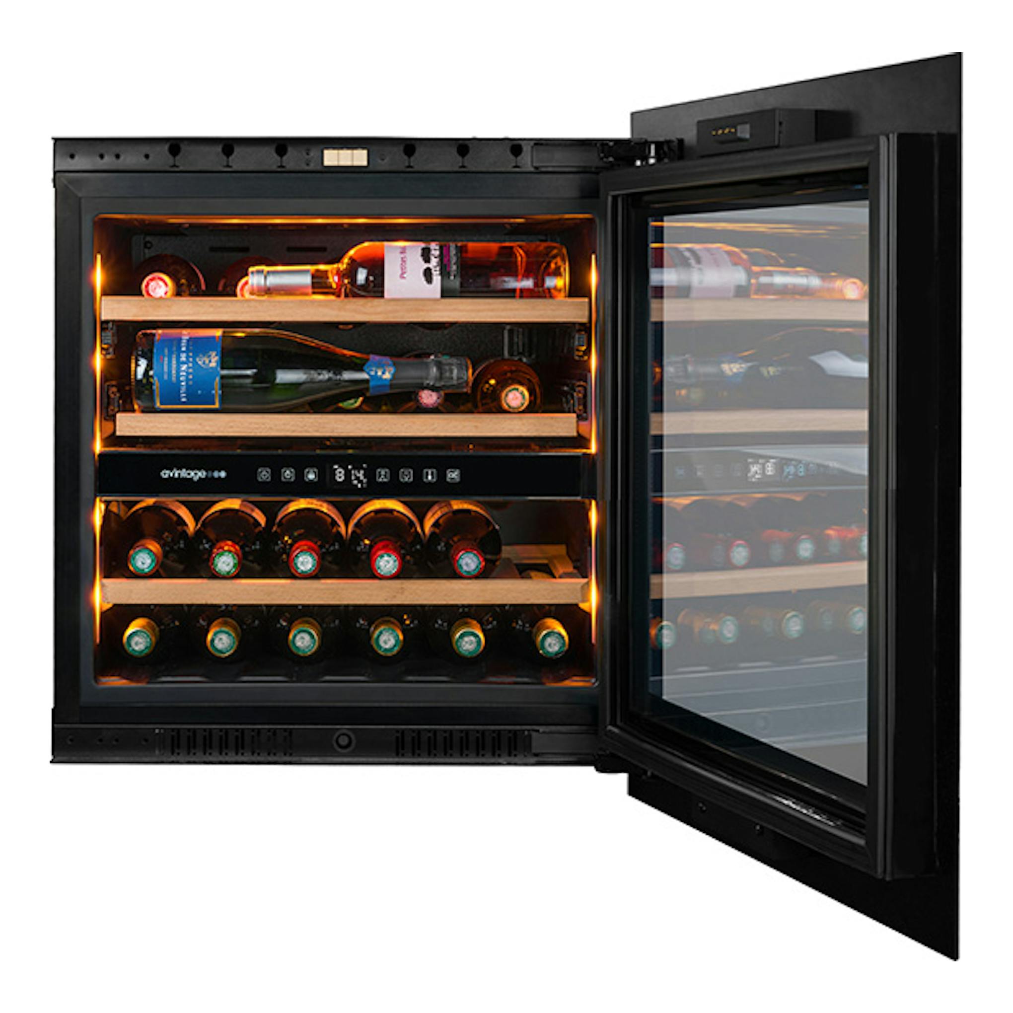 Vinoteca Avintage AVI60PLATINUM negra, vista frontal con puerta abierta y botellas en el interior.