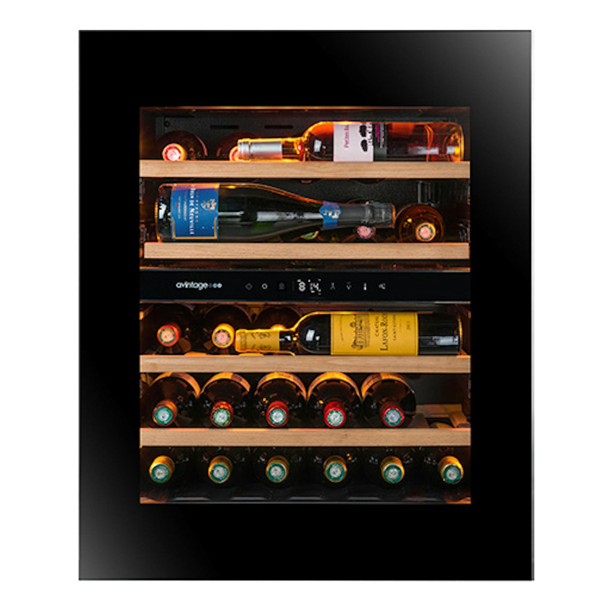 Vinoteca Avintage AVI72PLATINUM negra, vista frontal, con estantes de madera y botellas de vino.
