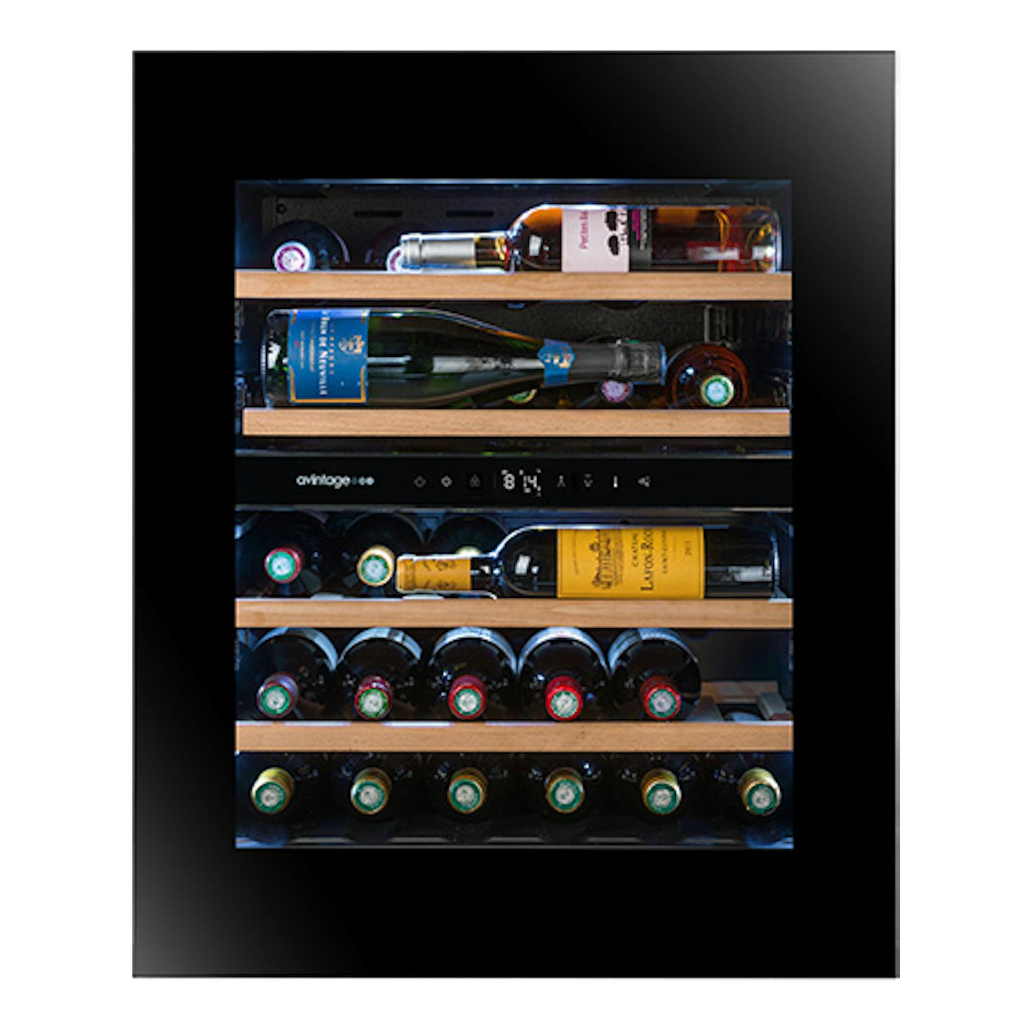 Vinoteca Avintage AVI72PLATINUM, vista frontal, negra, integrada, con estantes de madera y varias botellas.