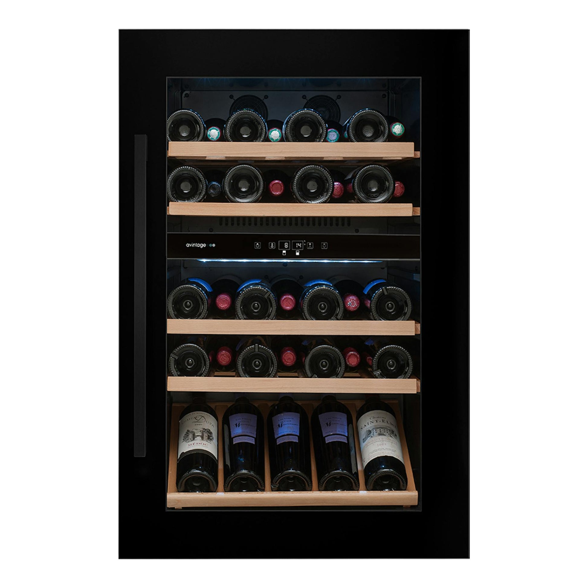 Vinoteca Avintage AVI88G2 negra, vista frontal, con estantes de madera y botellas de vino en el interior.