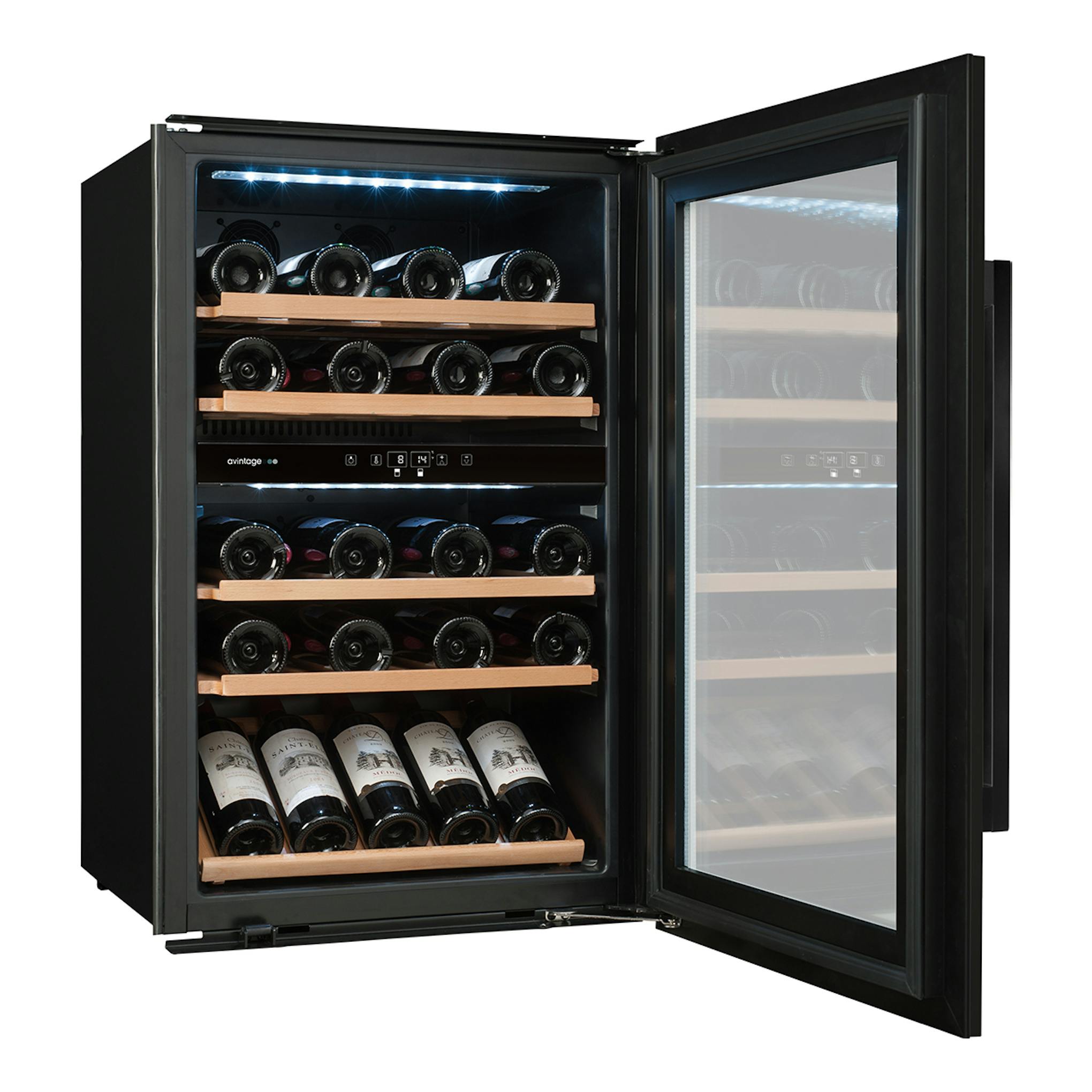 Vinoteca Avintage AVI88G2 negra, vista frontal con puerta de cristal abierta y estantes de madera con botellas.