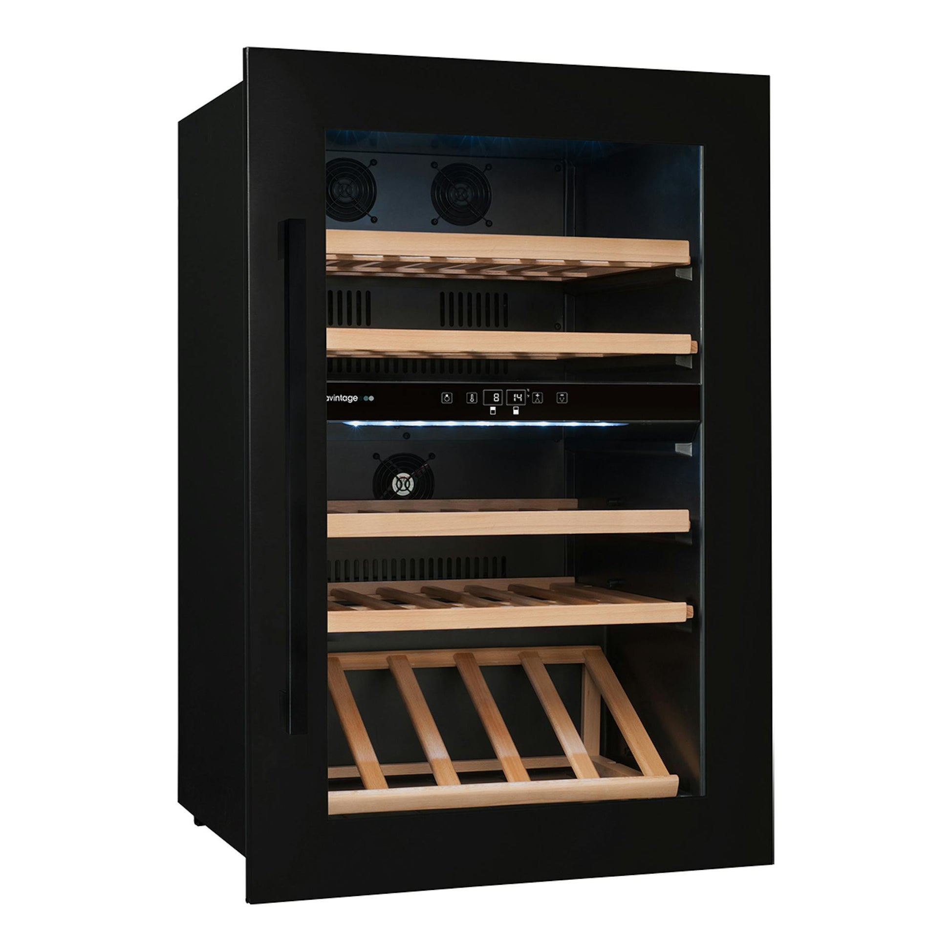 Vinoteca integrable Avintage AVI88G2 negra, vista frontal, con puerta de vidrio y baldas de madera.