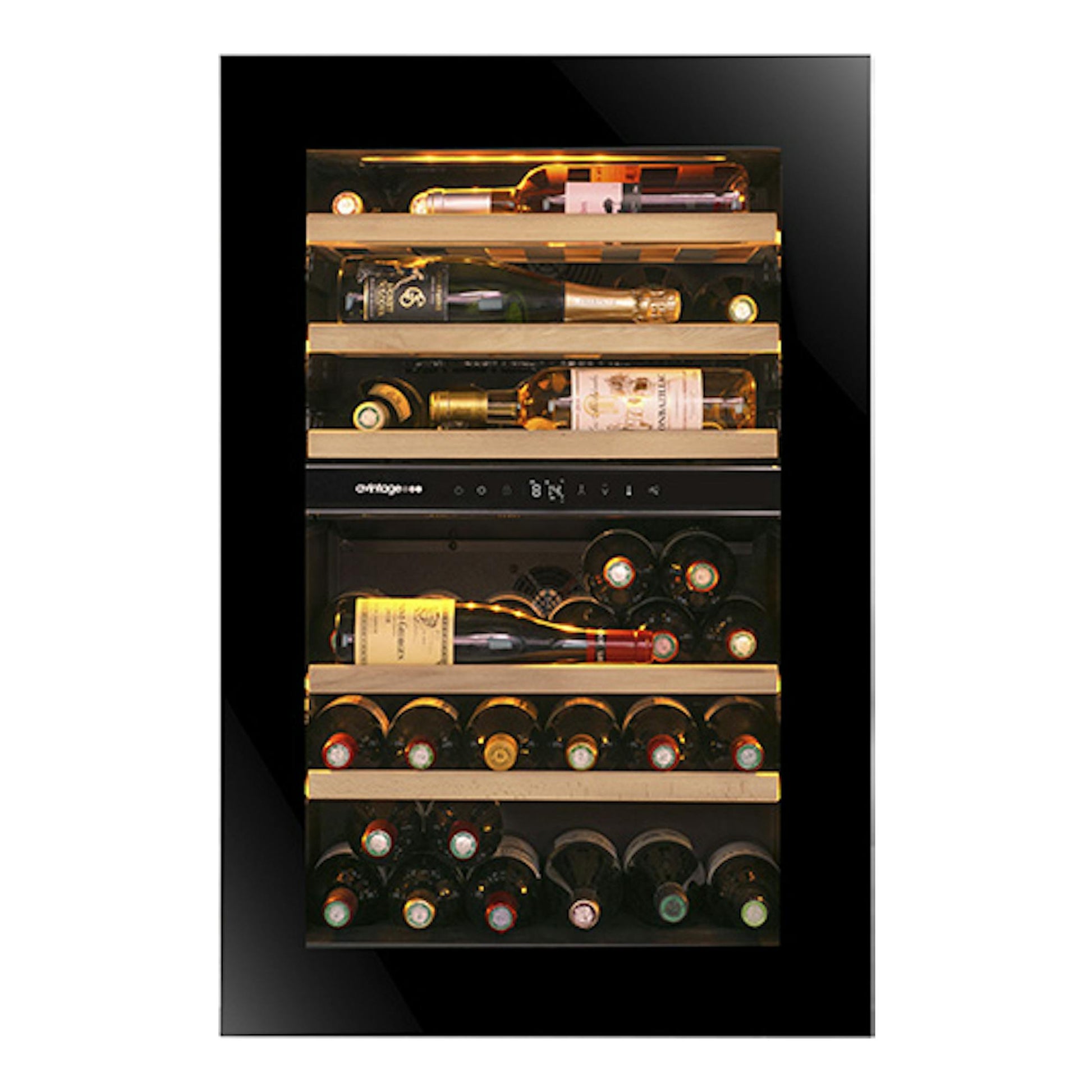 Vinoteca Avintage AVI88PLATINUM negra, vista frontal, con botellas de vino en estantes iluminados.
