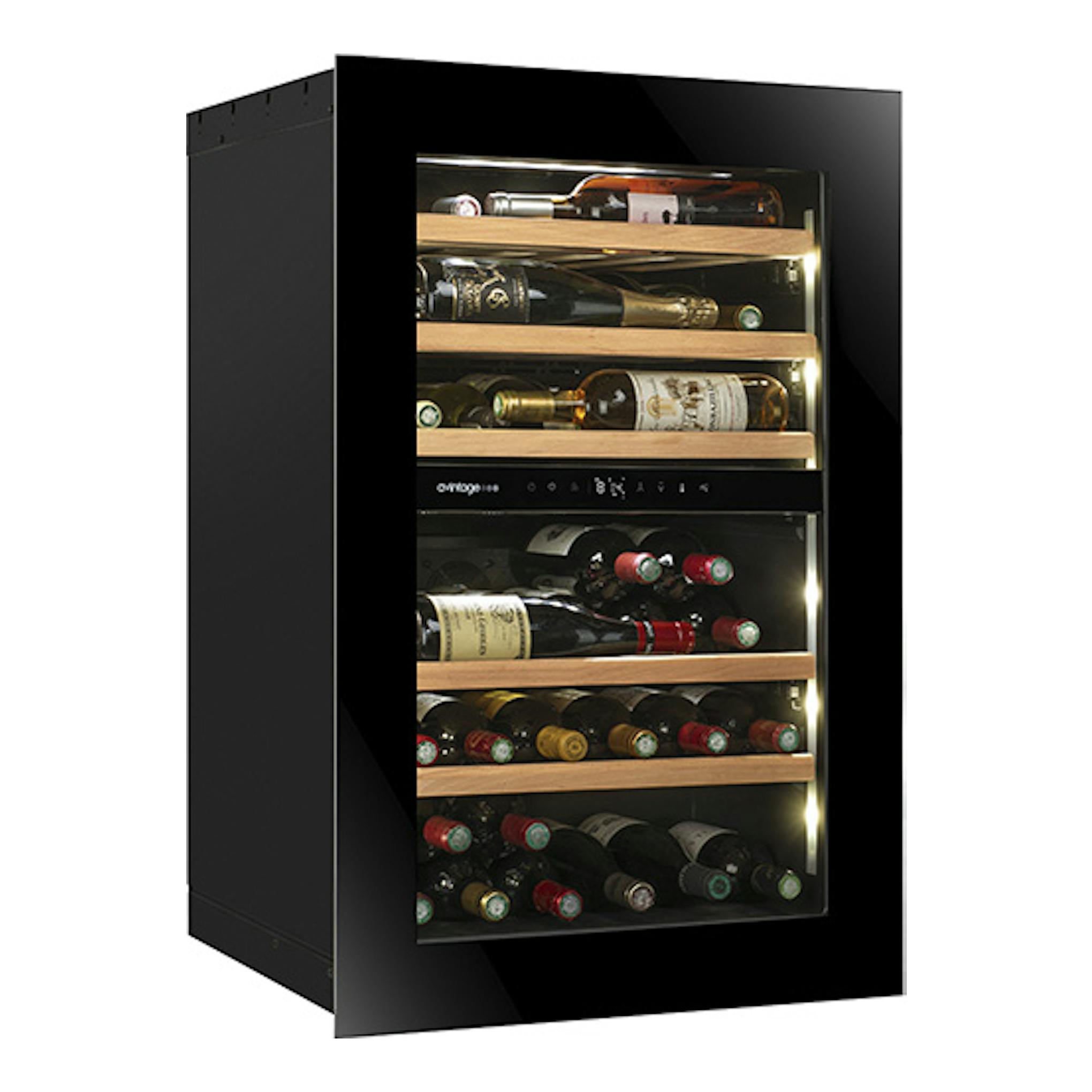 Vinoteca Avintage AVI88PLATINUM negra, vista frontal en ángulo, con puerta de cristal y estantes de madera.