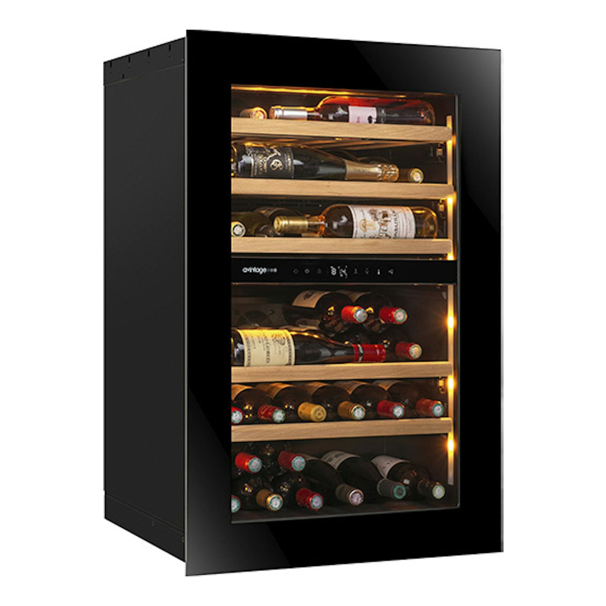 Vinoteca Avintage AVI88PLATINUM negra, vista frontal en ángulo, con botellas en estantes de madera.