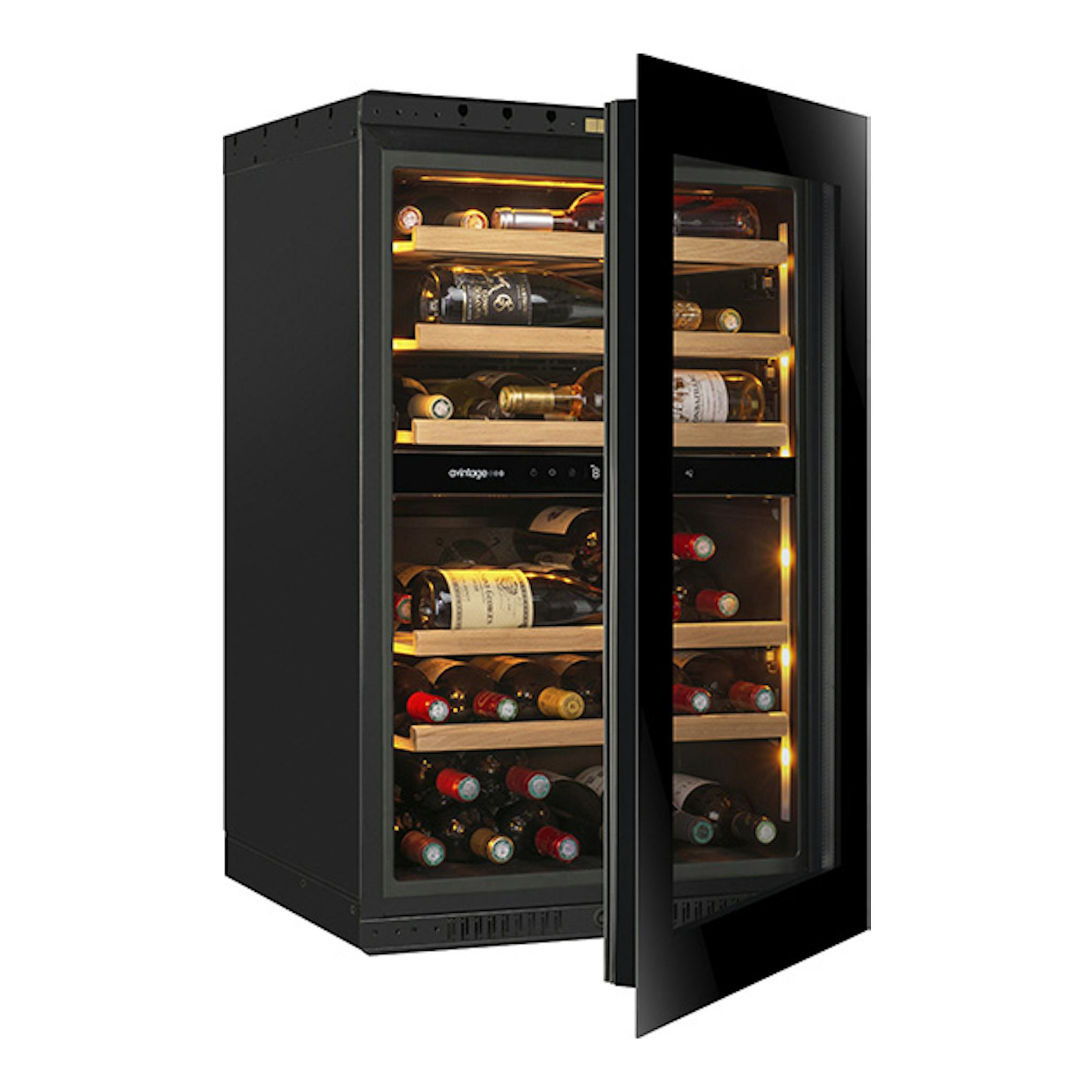 Vinoteca Avintage AVI88PLATINUM negra, vista frontal con puerta de cristal abierta y botellas en estantes.