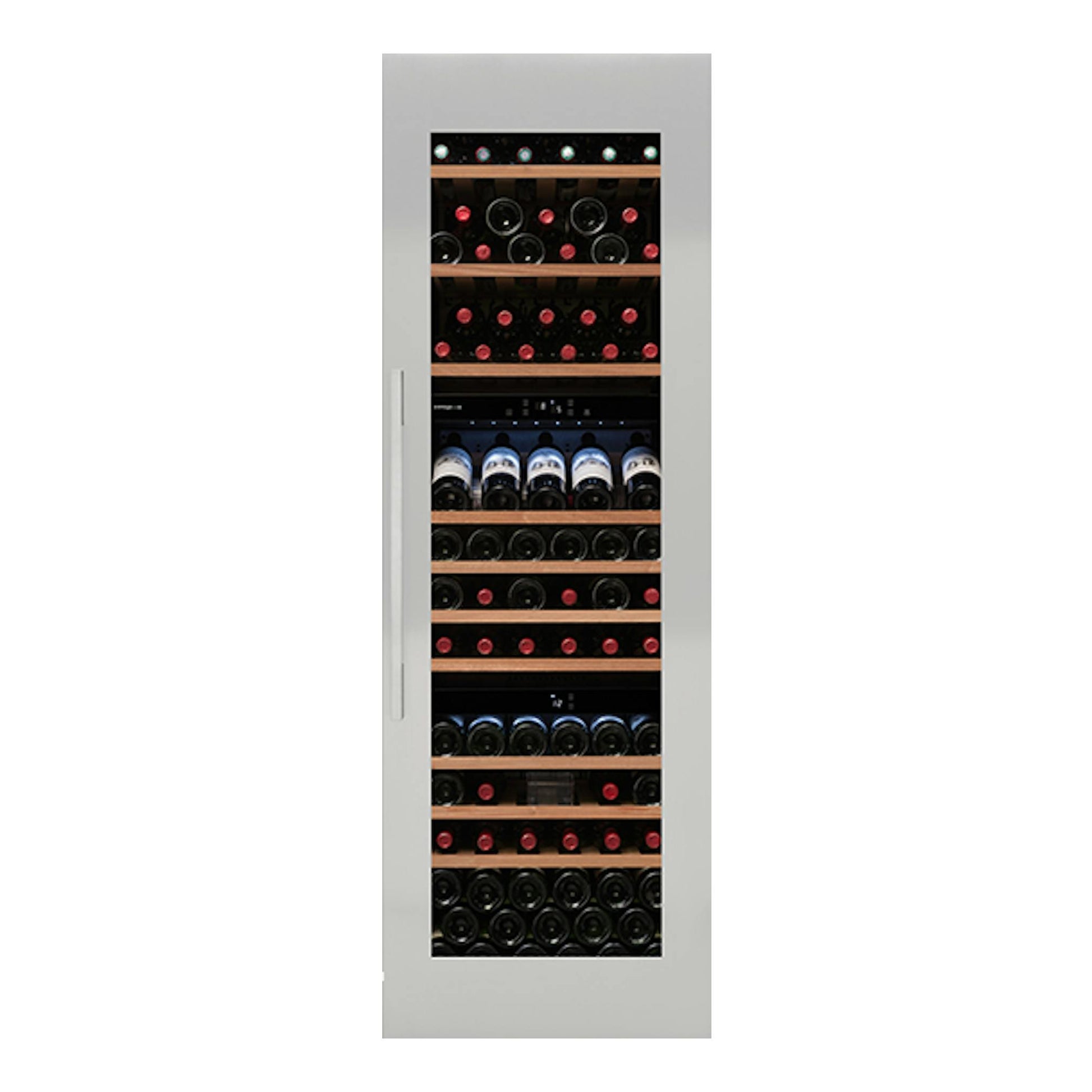 Vinoteca integrable Avintage AVI97AX3ZI, vista frontal, gris, con puerta de cristal y botellas visibles.