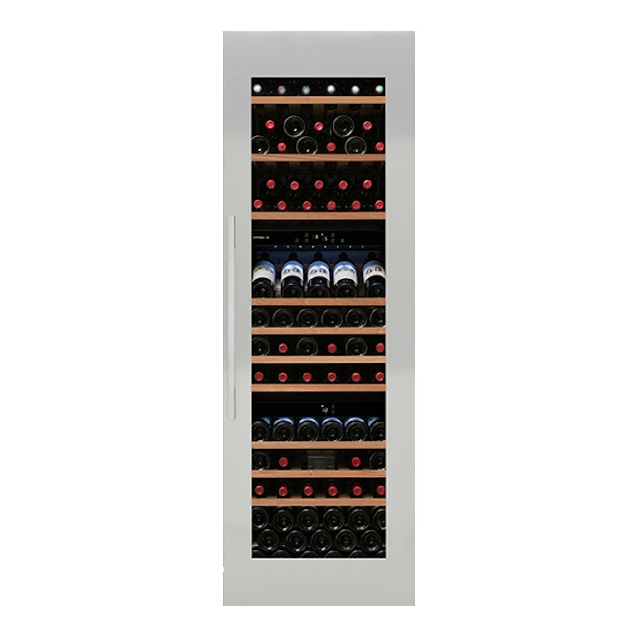 Vinoteca integrable Avintage AVI97AX3ZI, vista frontal, gris, con puerta de cristal y botellas visibles.