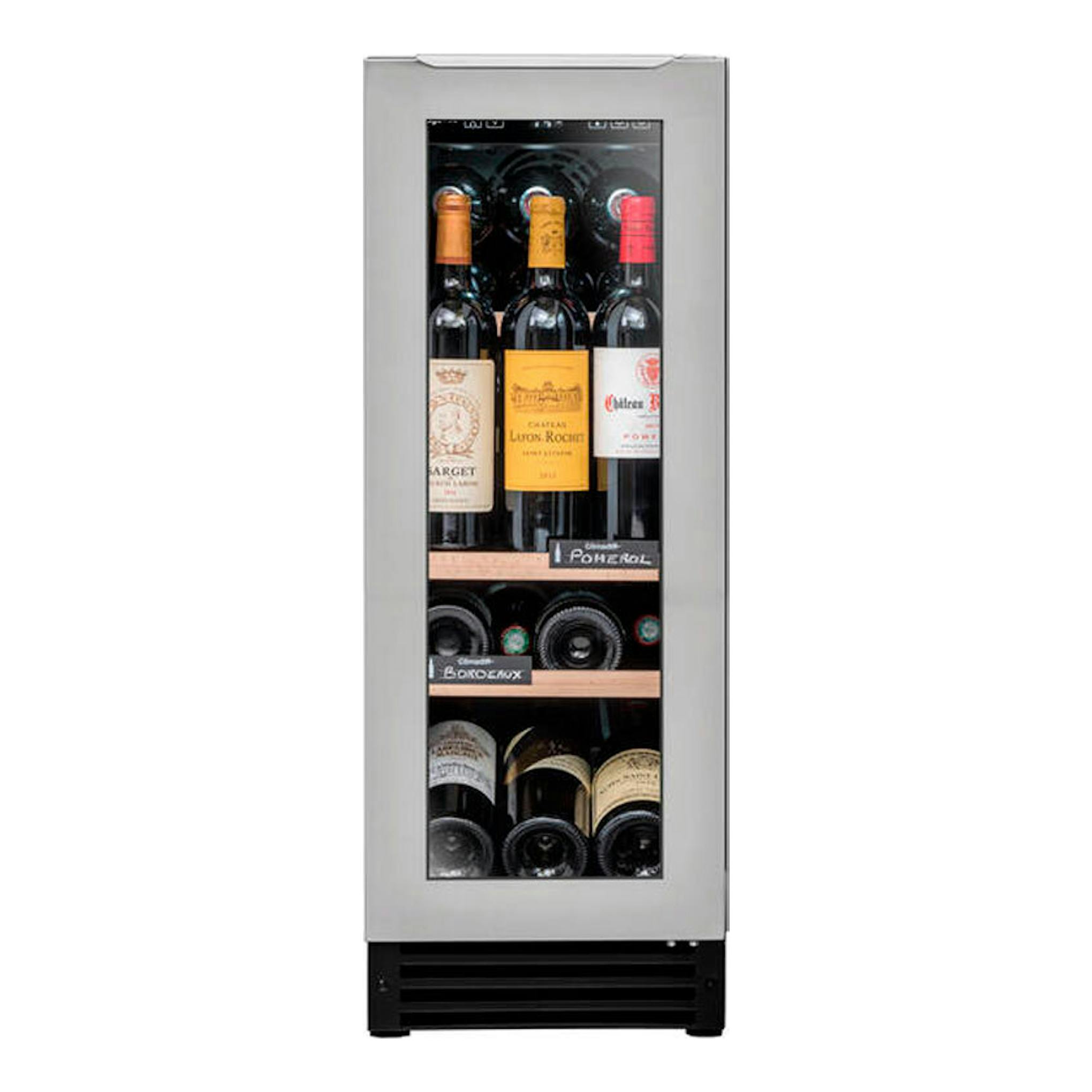 Vinoteca Avintage AVU22TX1 negra, vista frontal, con puerta de cristal y botellas de vino.