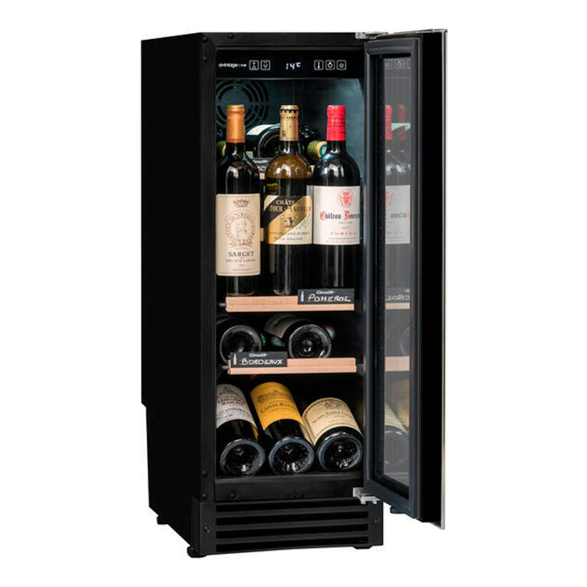 Vinoteca Avintage AVU22TX1 negra, vista frontal, con puerta de cristal abierta y botellas en el interior.