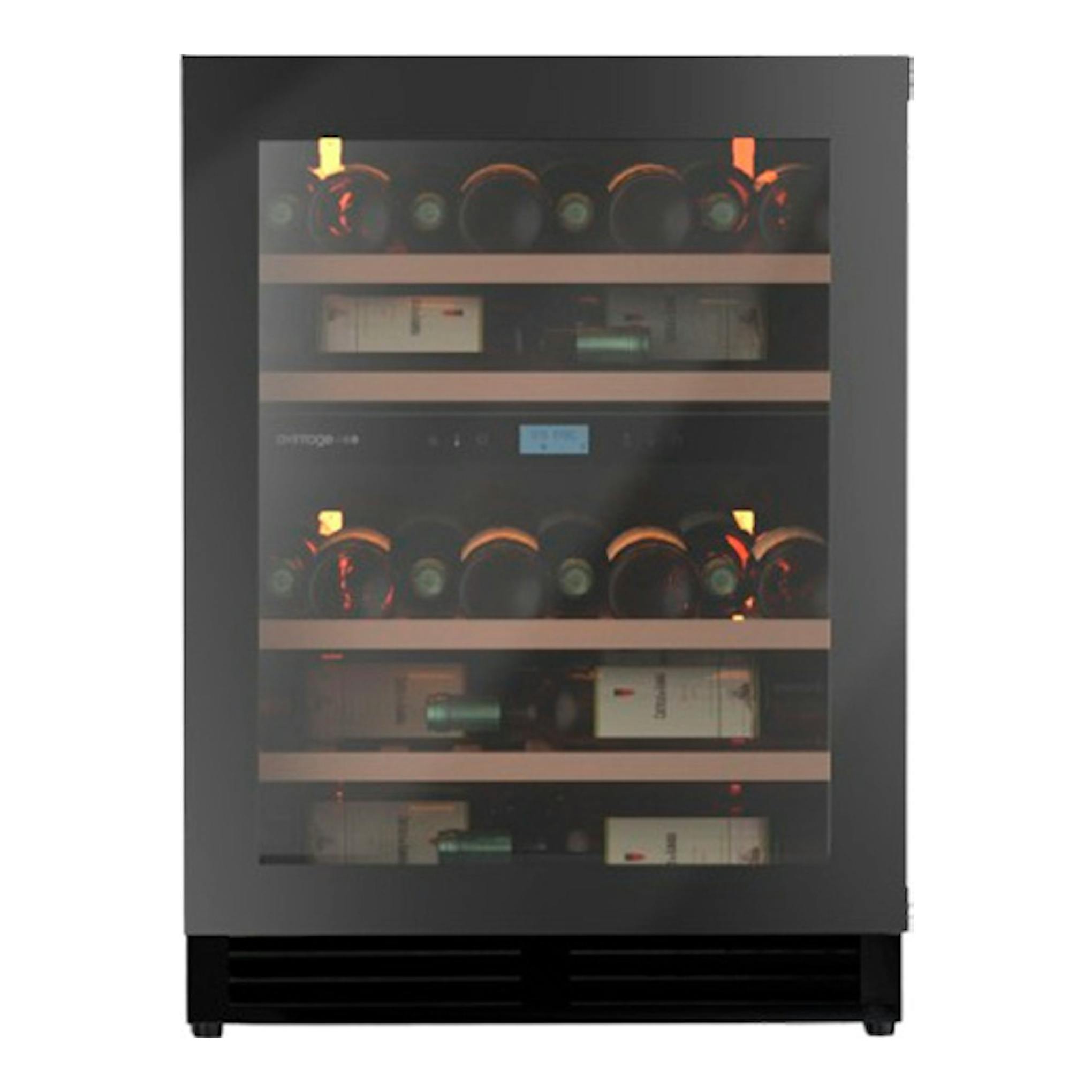 Vinoteca Avintage AVU50PLATINUM negra, vista frontal, puerta de cristal y botellas visibles.