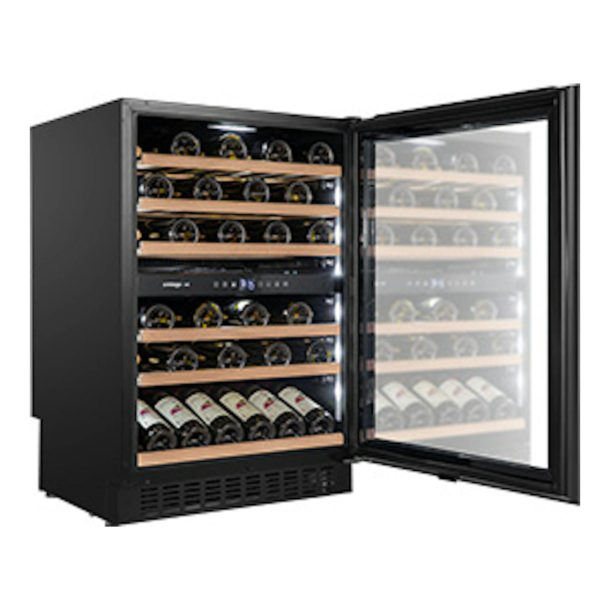 Vinoteca Avintage AVU61D88 negra, vista frontal en tres cuartos, puerta de vidrio abierta y botellas en el interior.