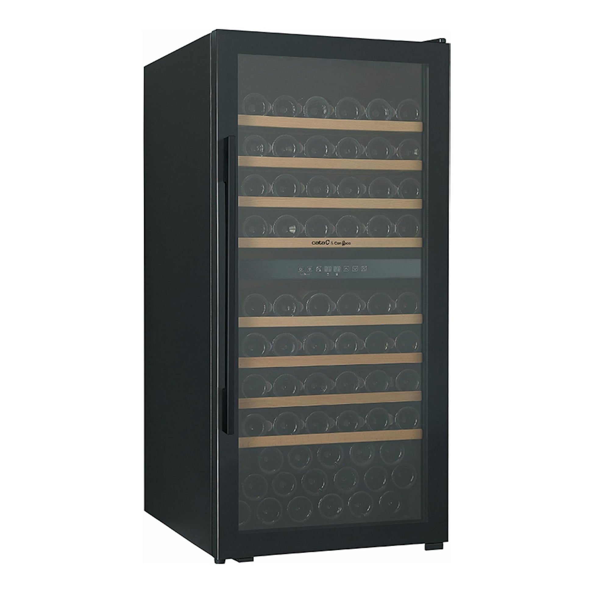 Vinoteca Cata VI59103FS negra, vista frontal en ángulo, con puerta de cristal y baldas de madera.