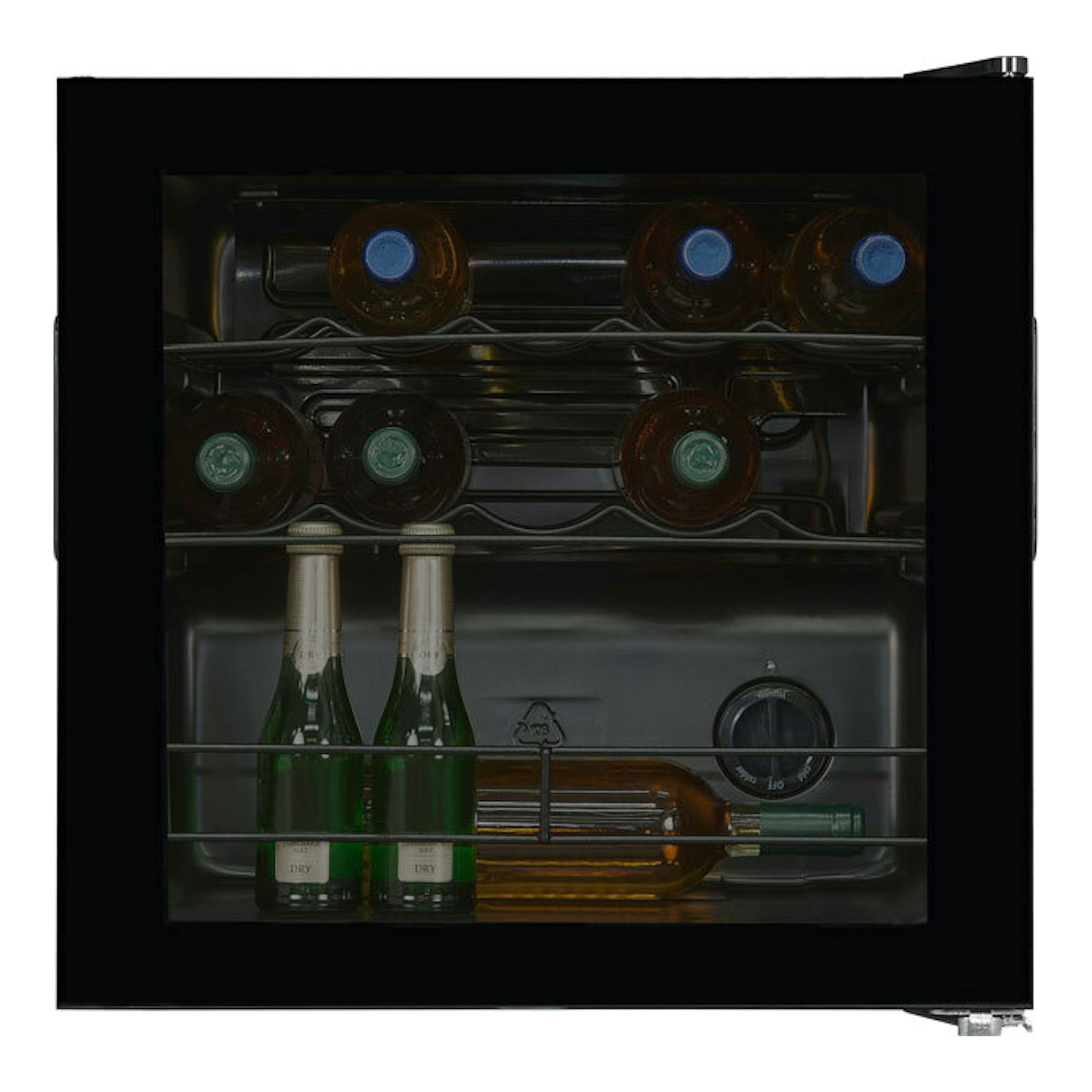 Vinoteca Exquisit WS1-12-GT-030G negra, vista frontal, con botellas de vino visibles tras puerta de cristal.