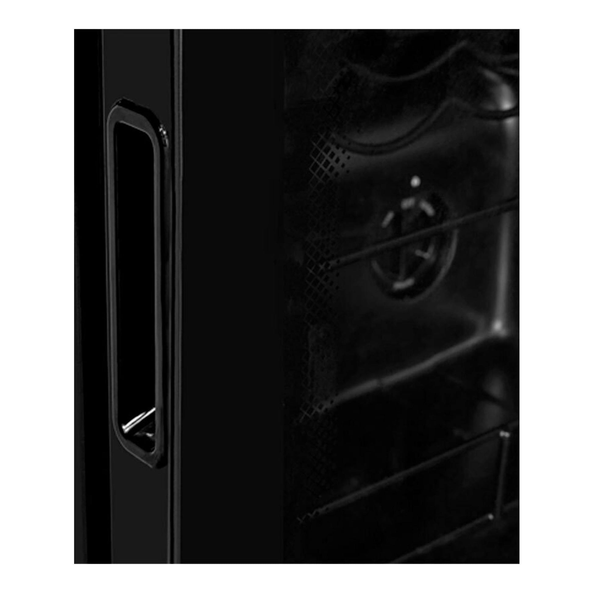 Vinoteca Exquisit WS1-12-GT-030G negra, vista frontal en primer plano con puerta de vidrio y tirador.