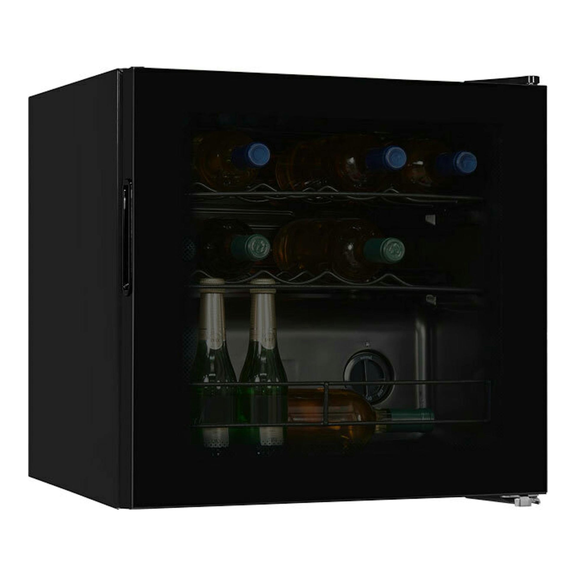 Vinoteca Exquisit WS1-12-GT-030G negra, vista frontal en ángulo, con puerta de cristal y botellas visibles.