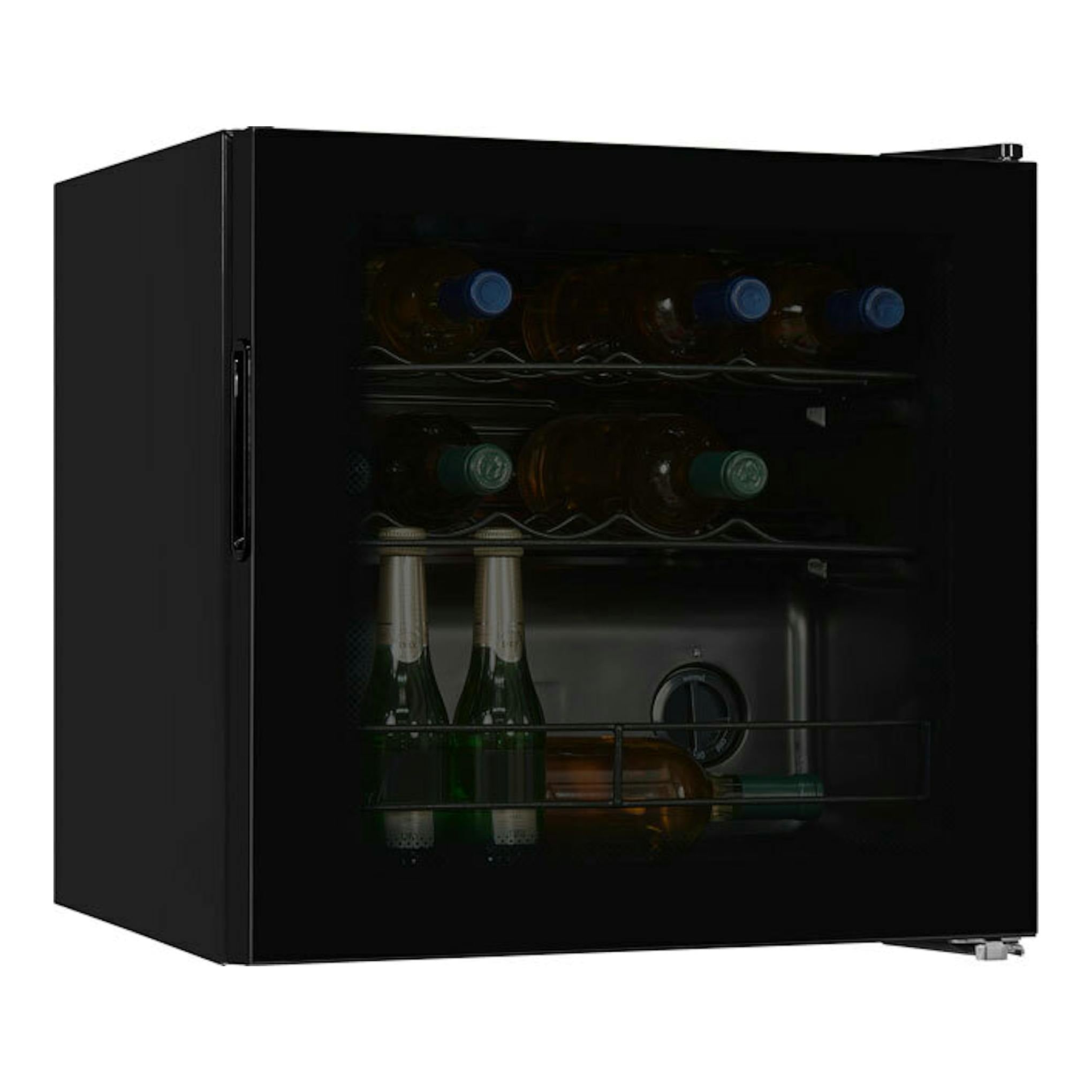 Vinoteca Exquisit WS1-12-GT-030G negra, vista frontal en ángulo, con puerta de cristal y botellas visibles.