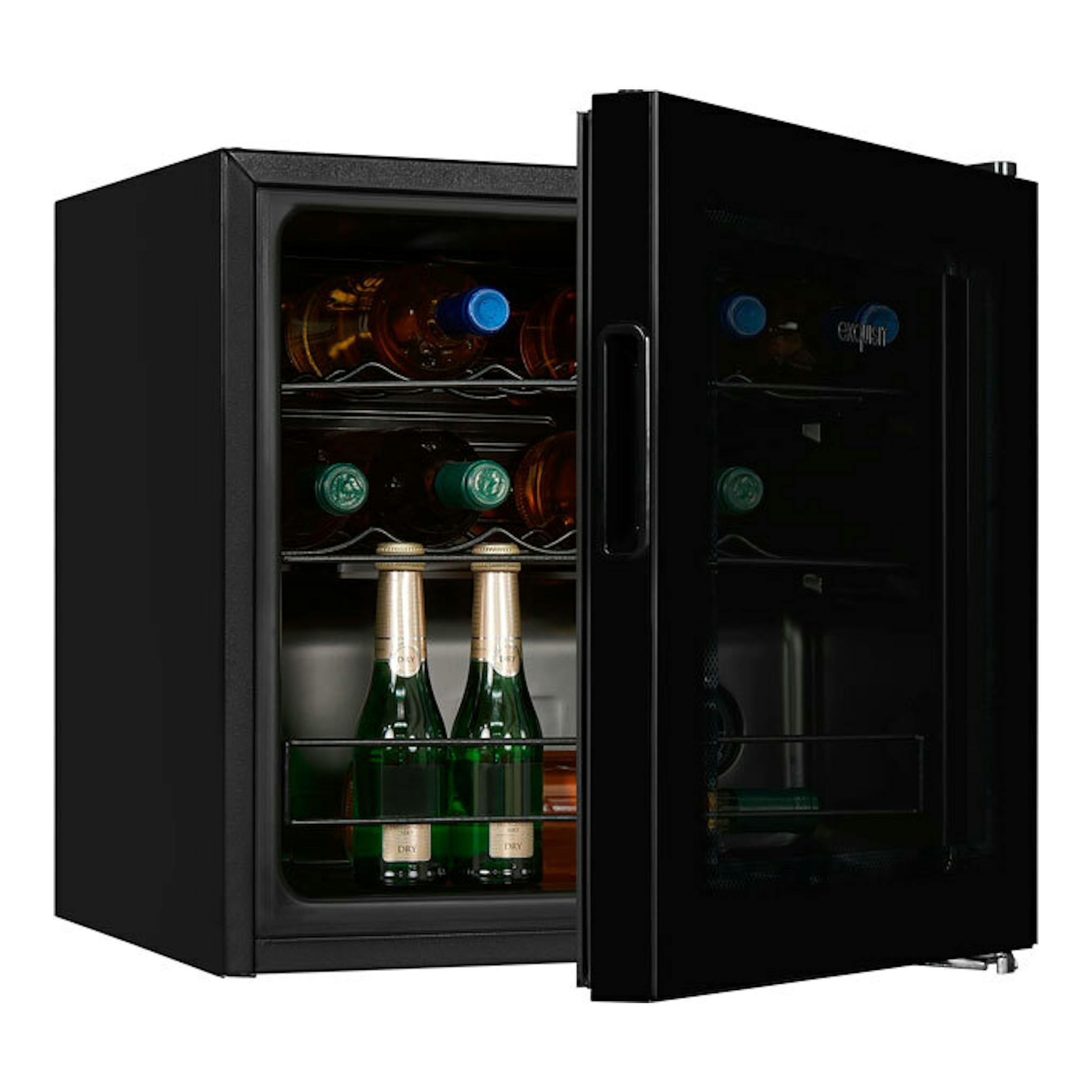 Vinoteca negra Exquisit WS1-12-GT-030G, vista frontal con la puerta abierta y botellas en el interior.