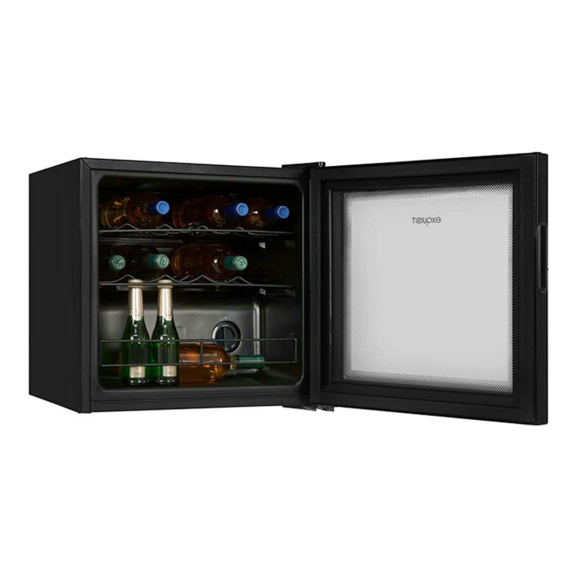 Vinoteca Exquisit WS1-12-GT-030G negra, vista frontal con puerta abierta y botellas en el interior.