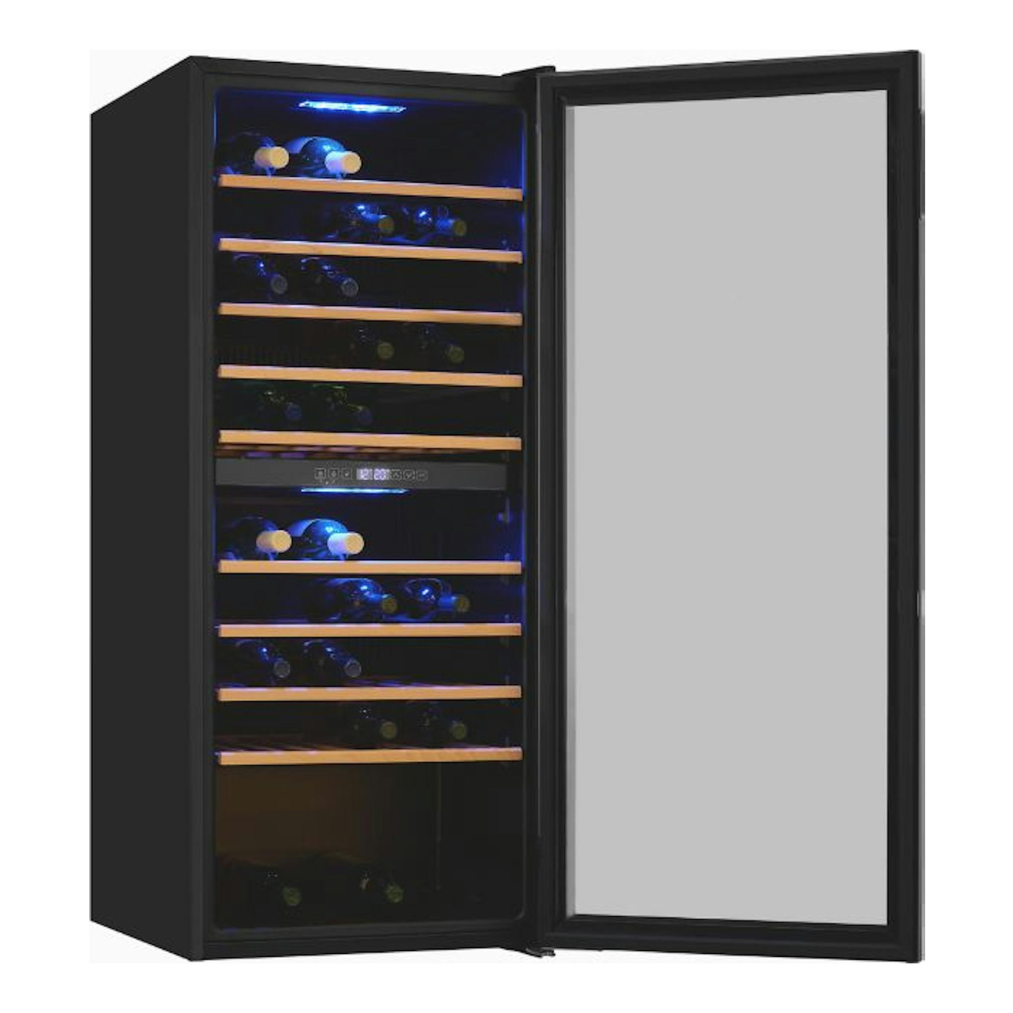 Vinoteca Exquisit WS2-114-GTE-160G negra, puerta abierta, vista frontal, con baldas de madera.