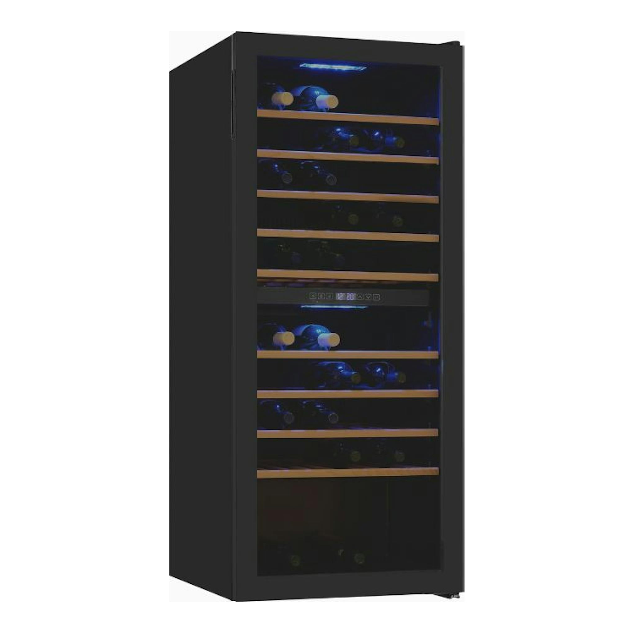 Vinoteca Exquisit WS2-114-GTE-160G negra, vista frontal en ángulo, con puerta de vidrio y estantes de madera.