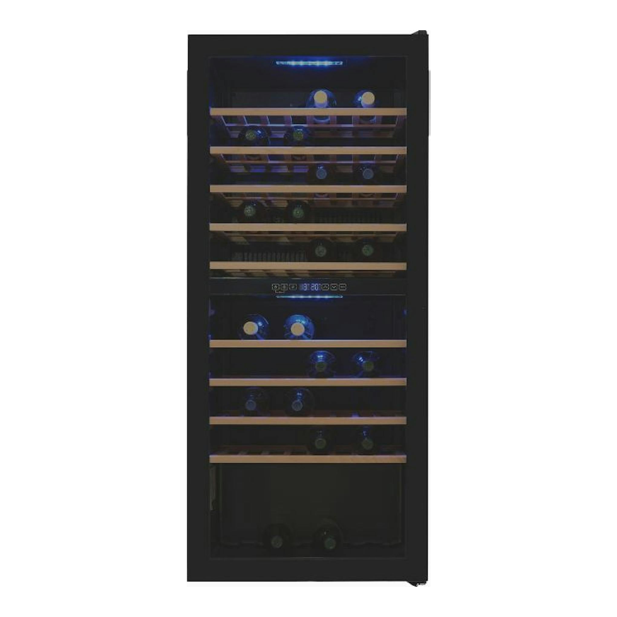 Vinoteca Exquisit WS2-114-GTE-160G negra, vista frontal, puerta de vidrio y estantes de madera, luz azul.